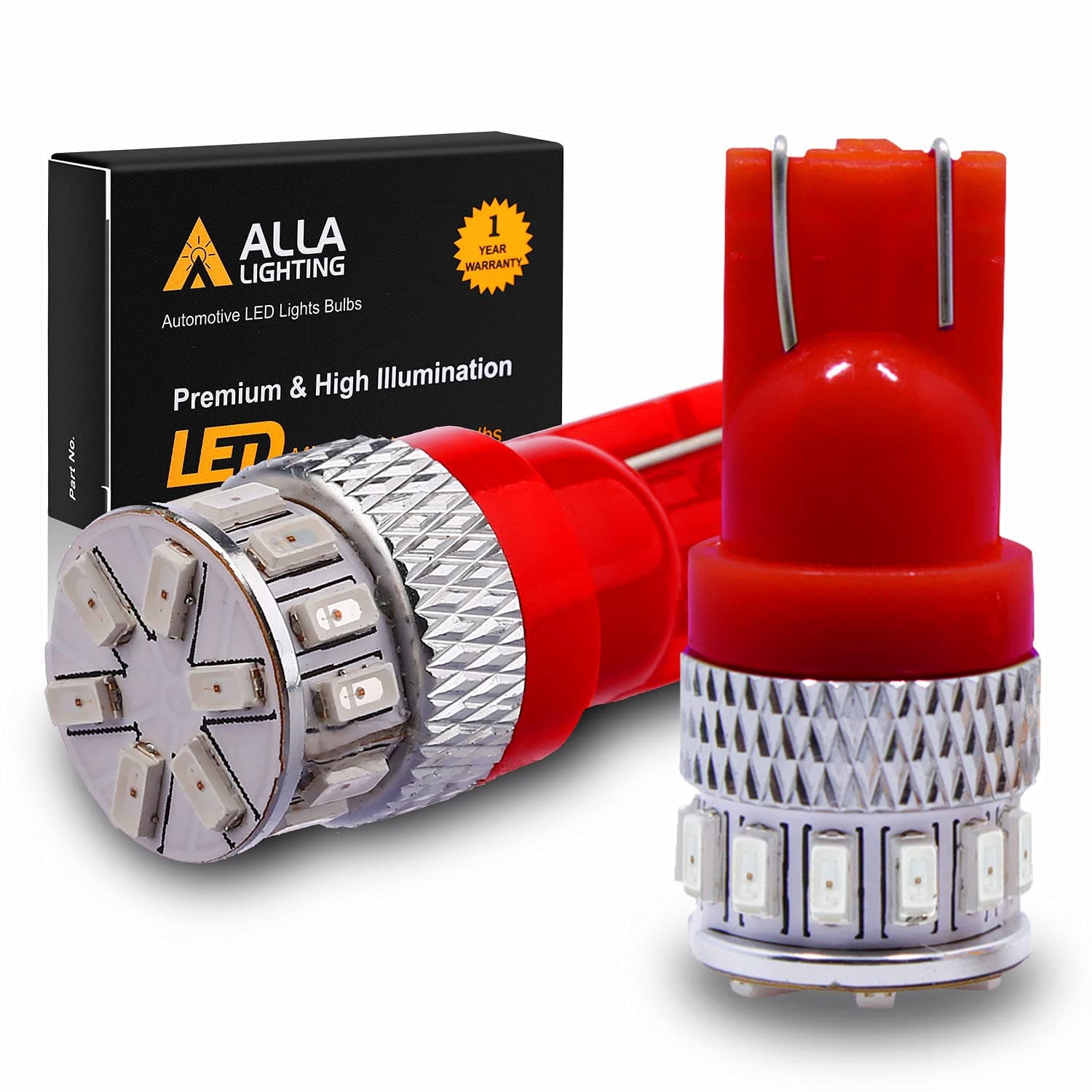 Alla Lighting T10 168 194 LED Lights Bulbs W5W 2825, Super Bright Red 360° Cars, Trucks' Marker, Inner Tail, Interior Dome, Map, Trunk, Door Stepwell Lights Lamps, 12V 175 161 3014-SMD