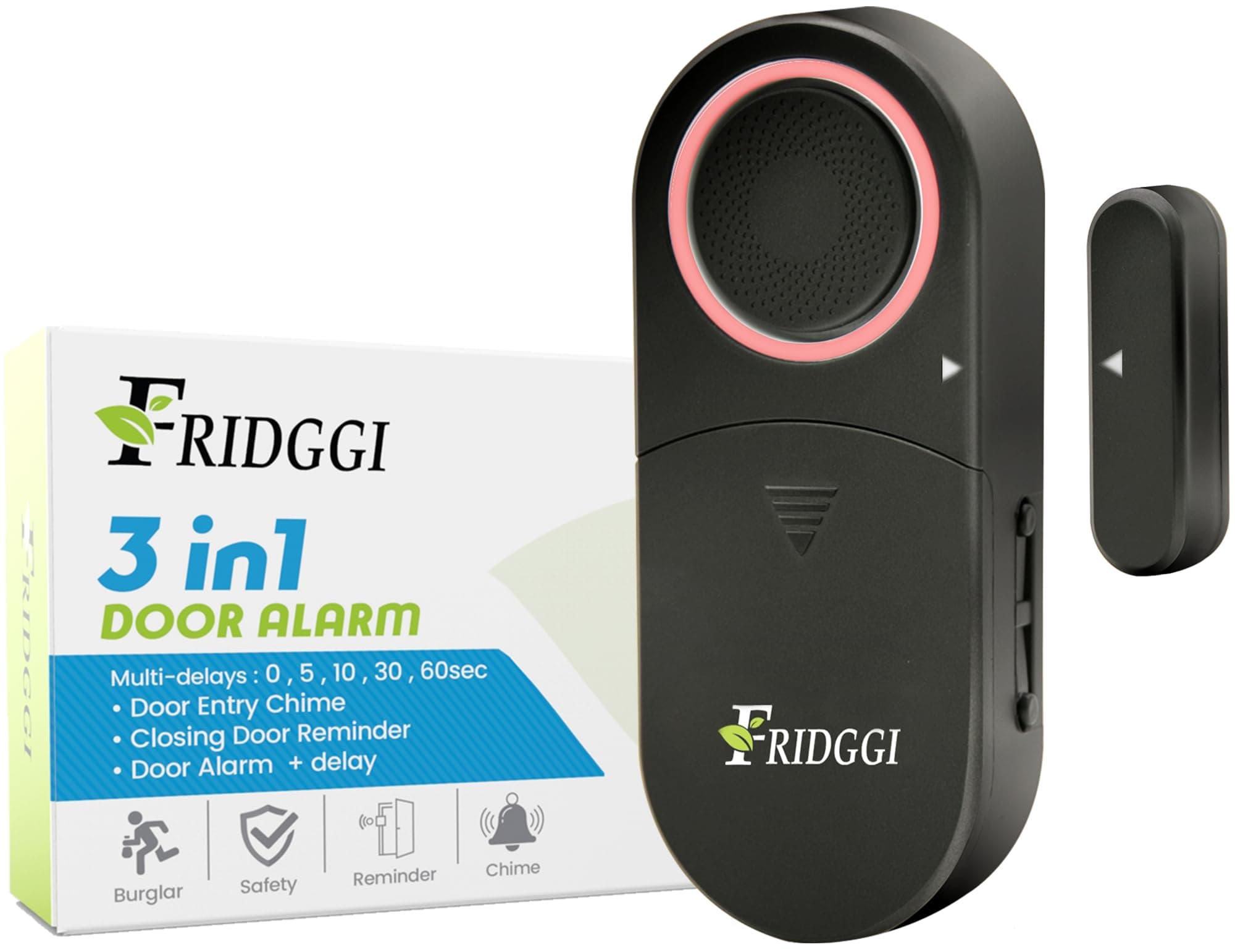 3-in-1 Alarm - Door Left Open Chime with Delay, 0/5/10/30/60 Seconds, 2/5 Minutes, Door Ajar Alarm, Close Gate Reminder, 80 to 120 dB, Time Delay Alert for Freezer, Gate, Shop. (Black)