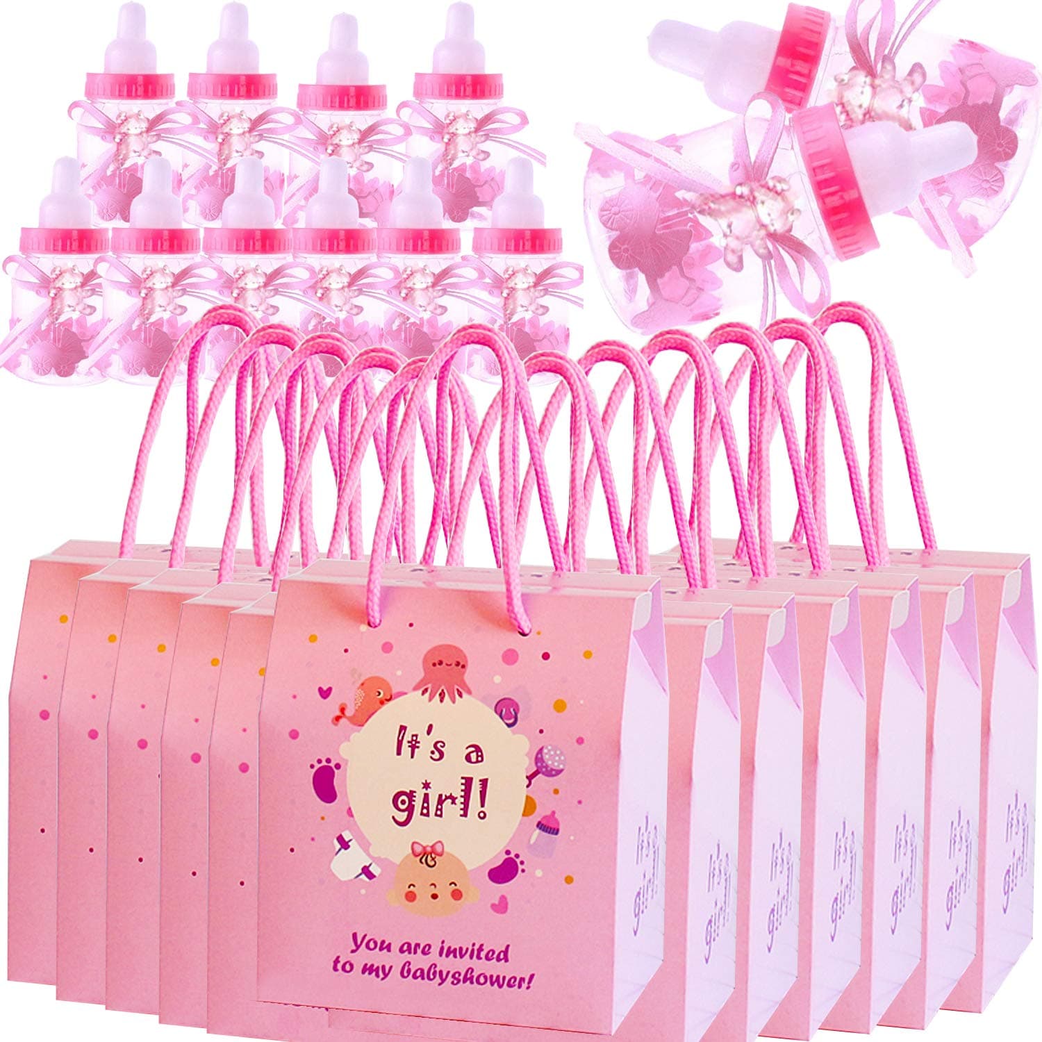 12Pcs Baby Shower Favour Bag Girl Candy Gift Bags Cute Baby Shower Candy Box Paper for Baby Girl Birthday Party Christening Baptism Newborn Mother to be Party with 12pcs Feeding Bottles (Pink)