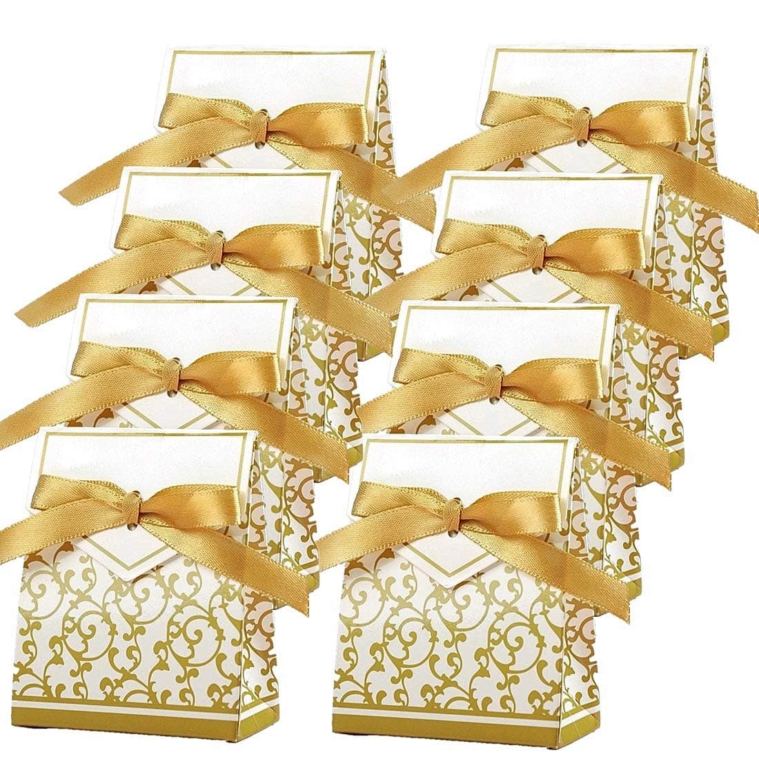 100 Pack Party Favor Boxes, Gold Decorative Boxes with Ribbons, for Small Party Gift, Chocolate, Wedding Cake Slices