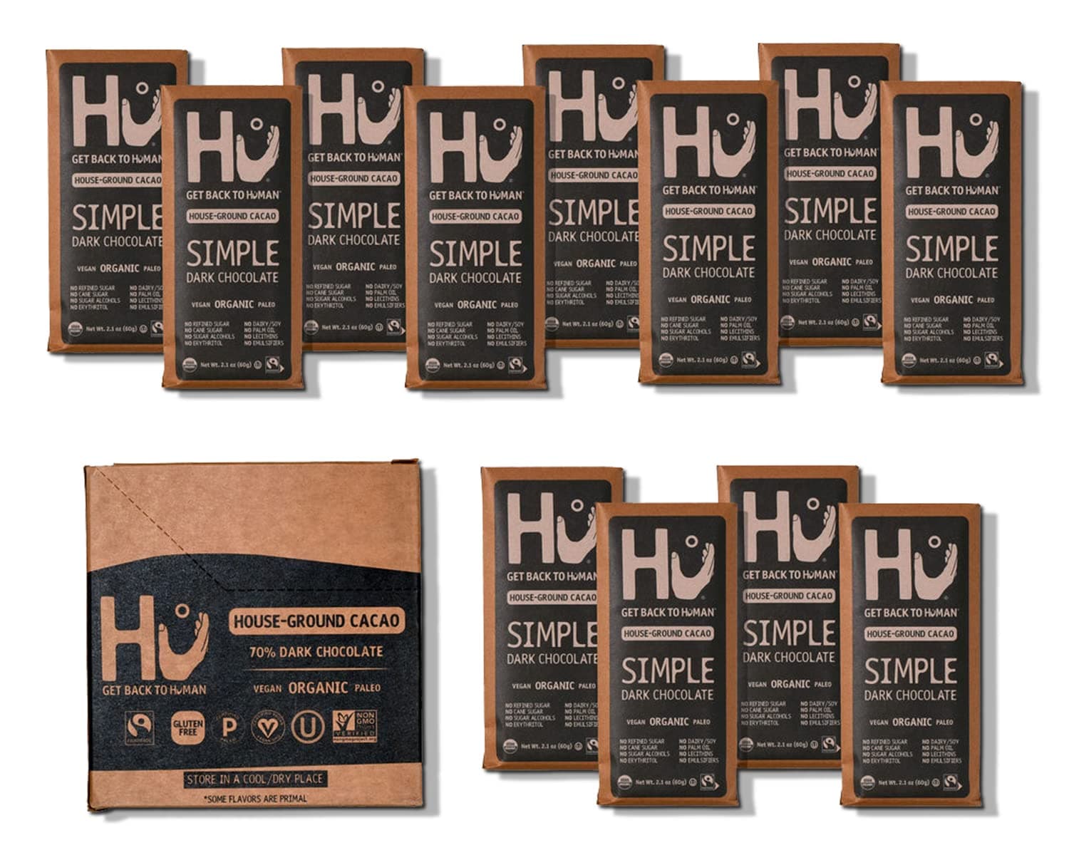 Hu Chocolate Bars | 12 Pack Simple Chocolate | Natural Organic Vegan, Gluten Free, Paleo, Non GMO, Fair Trade Dark Chocolate | 2.1oz Each