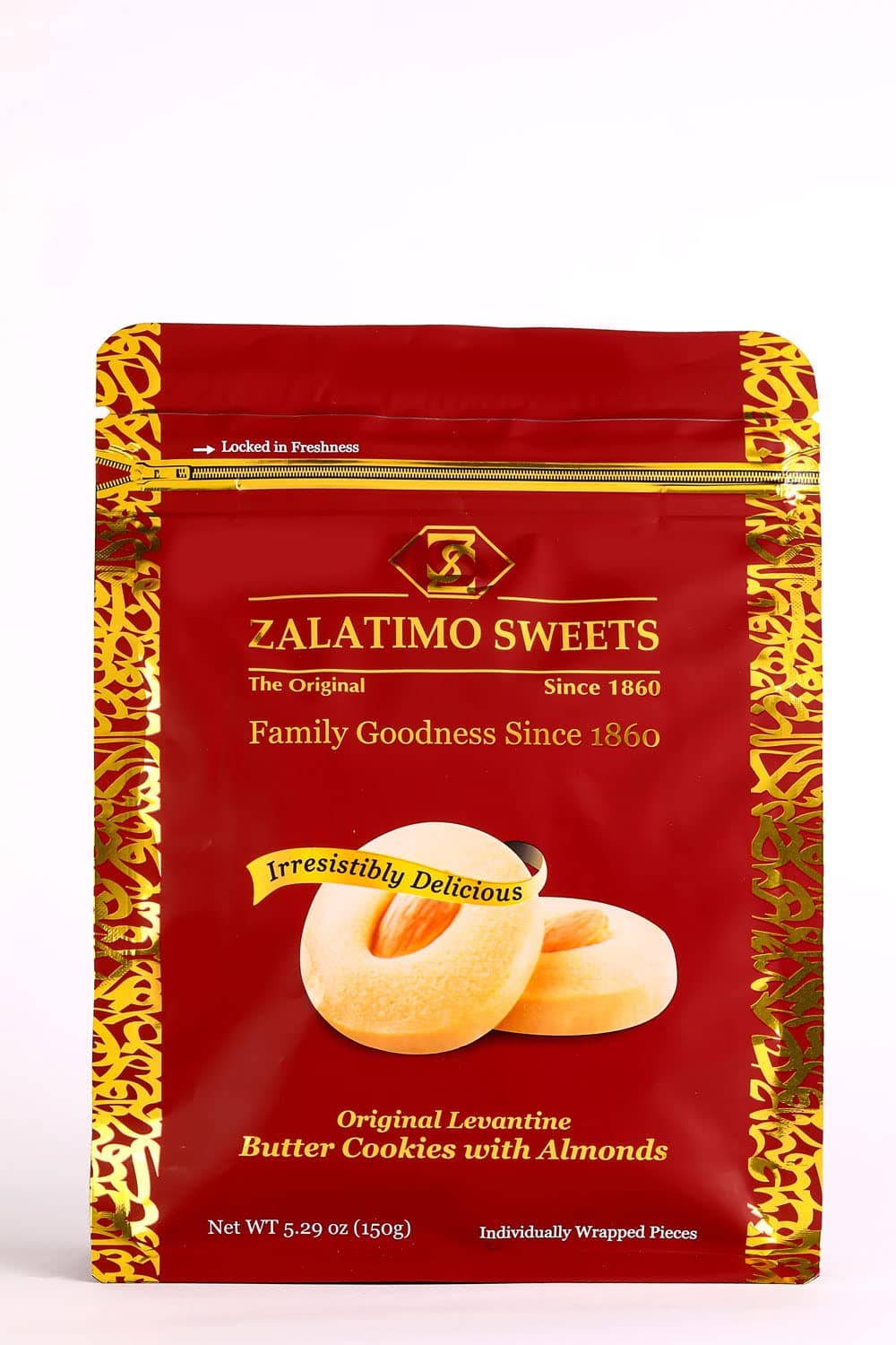 Zalatimo Sweets Since 1860, 100% All-Natural Butter Shortbread Cookies with Almond, Individually Wrapped Cookies in Travel-Friendly Pouch, No Preservatives, No Additives! 5.3oz