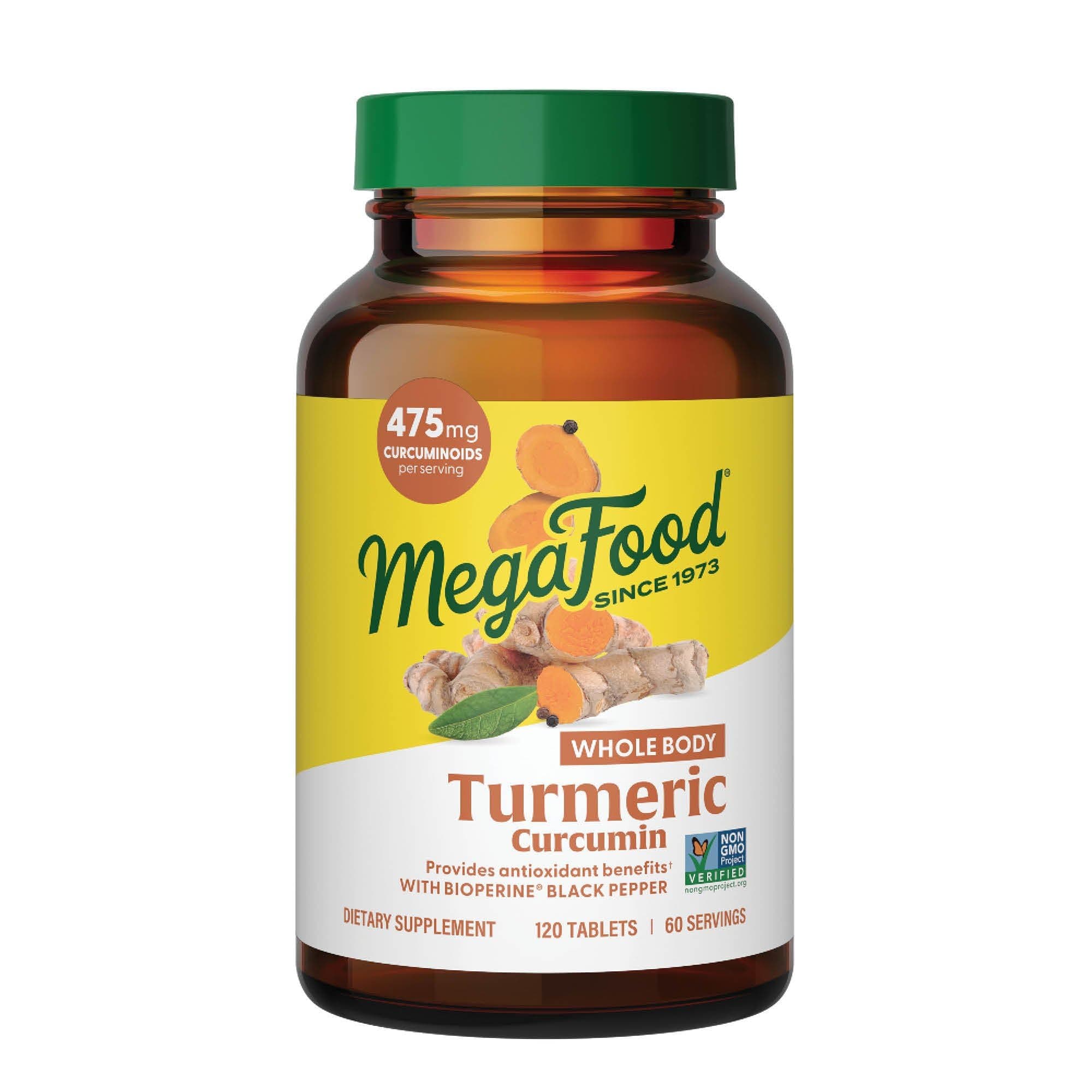 MegaFood Turmeric Curcumin Extra Strength - Whole Body Supplement With Guaranteed Minimum of 475mg Curcuminoids - with Holy Basil, Tart Cherry - Made Without 9 Food Allergens - 120 Tabs (60 Servings)