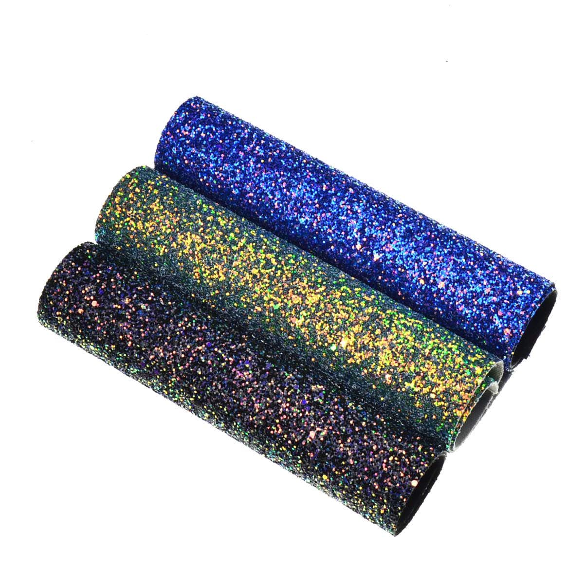 Faux Leather Chunky Glitter Canvas Sheets- 3 Pieces Assorted Colors A4 Size（8 X 12 Inch）Shiny Glitter Fabric Sheets for Bows, Earrings, Hair Accessories Making(3 Colors, Each Color One Sheet）