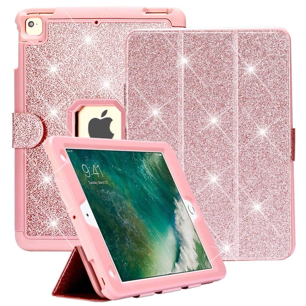 iPad 9.7 Case 2018/2017, iPad Air 2 / iPad Pro 9.7 Cover, Glitter Series - Heavy Duty Full Body Protection Tri-Fold Magnetic Flip Case with Stand Rose Gold