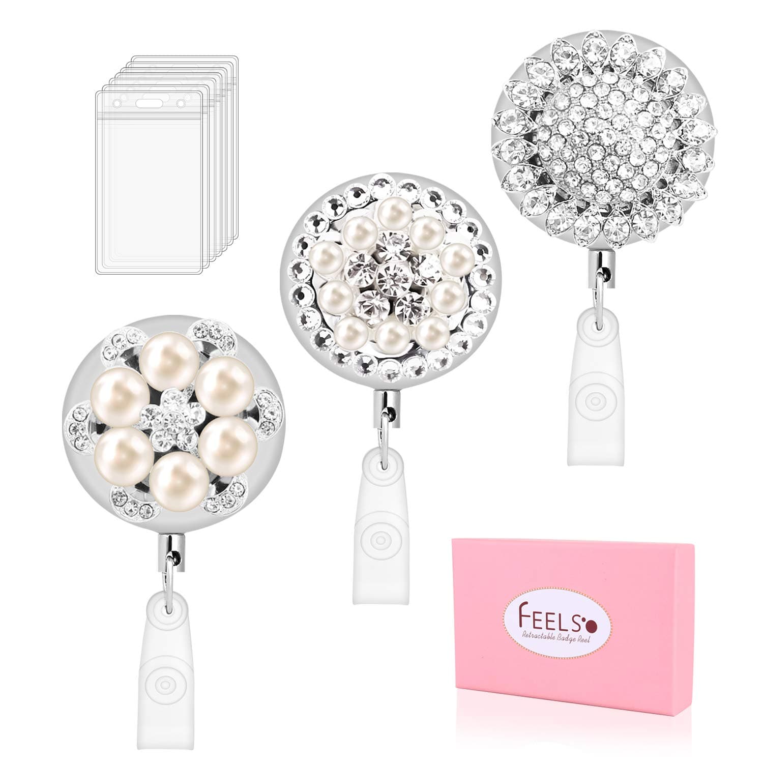 Retractable Badge Holder Reel, FEELSO Metal Heavy Duty Bling Badge Holder with Belt Clip and 9pcs Plastic ID Card Badge Holders, Steel Wire Cord Reel Up to 25 inch (3 Pack)