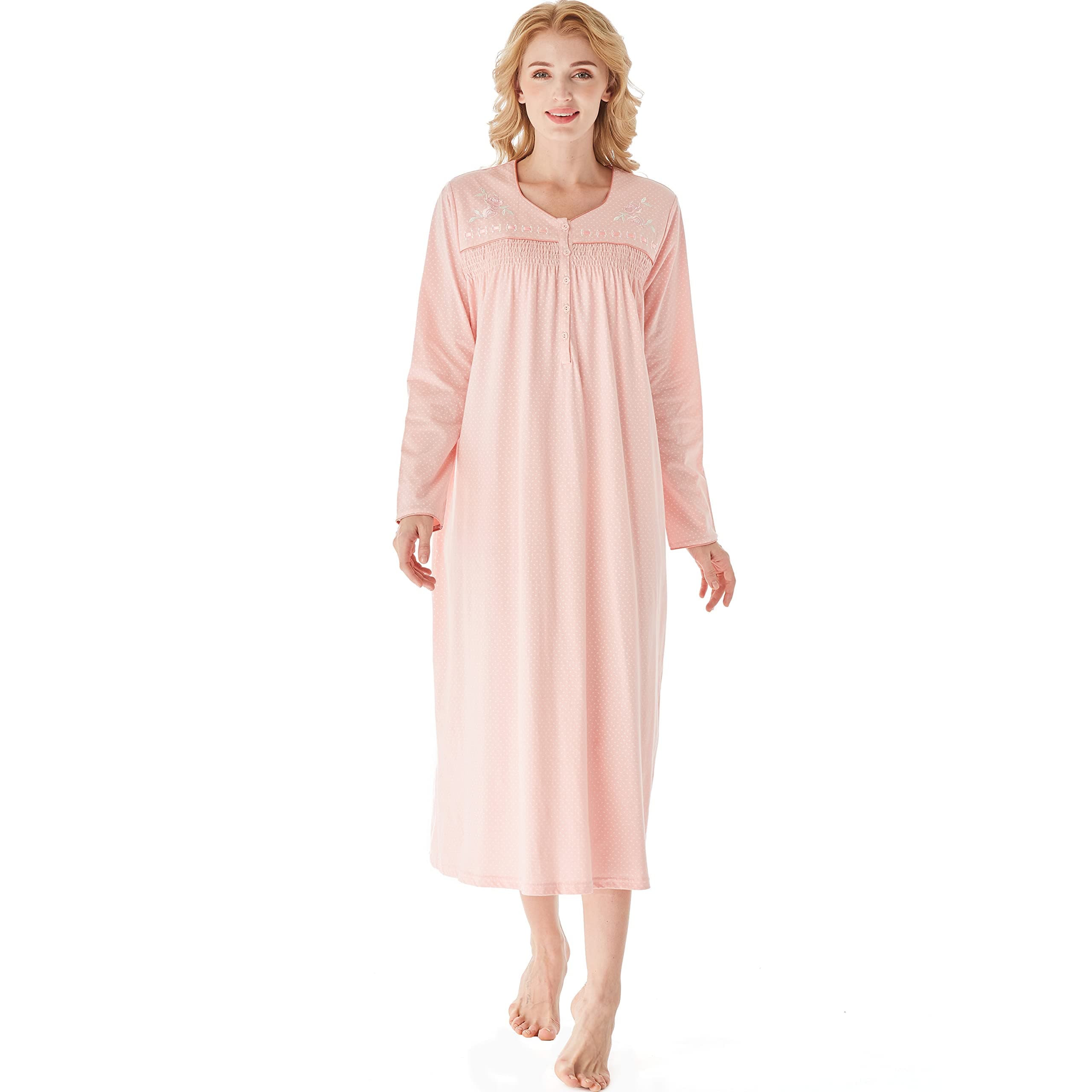 Keyocean Elegant Nightgowns for Women, Soft 100% Cotton Comfy Lightweight Long-sleeve Sleepwear Gown for Mom or Granny
