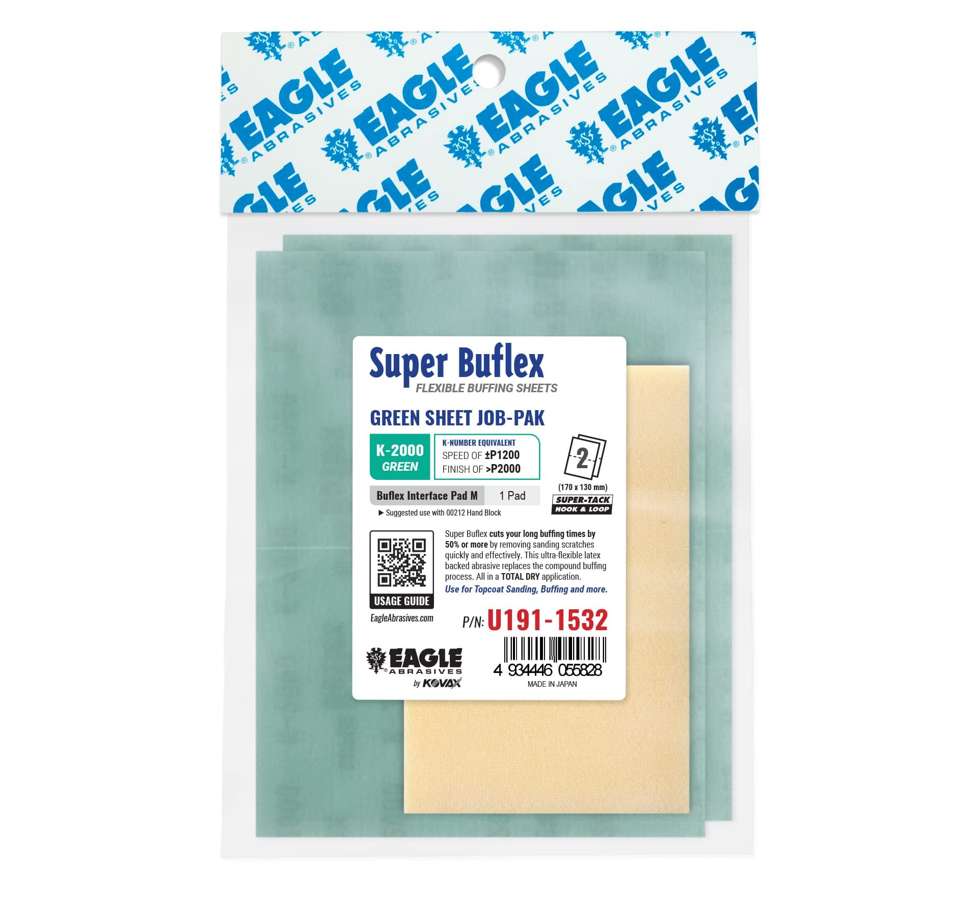 Super Buflex Flexible Dry Sanding Sheets Job-PAK, Green K-2000, U191-1532, 2 Sheets + 1 Buflex Interface Pad
