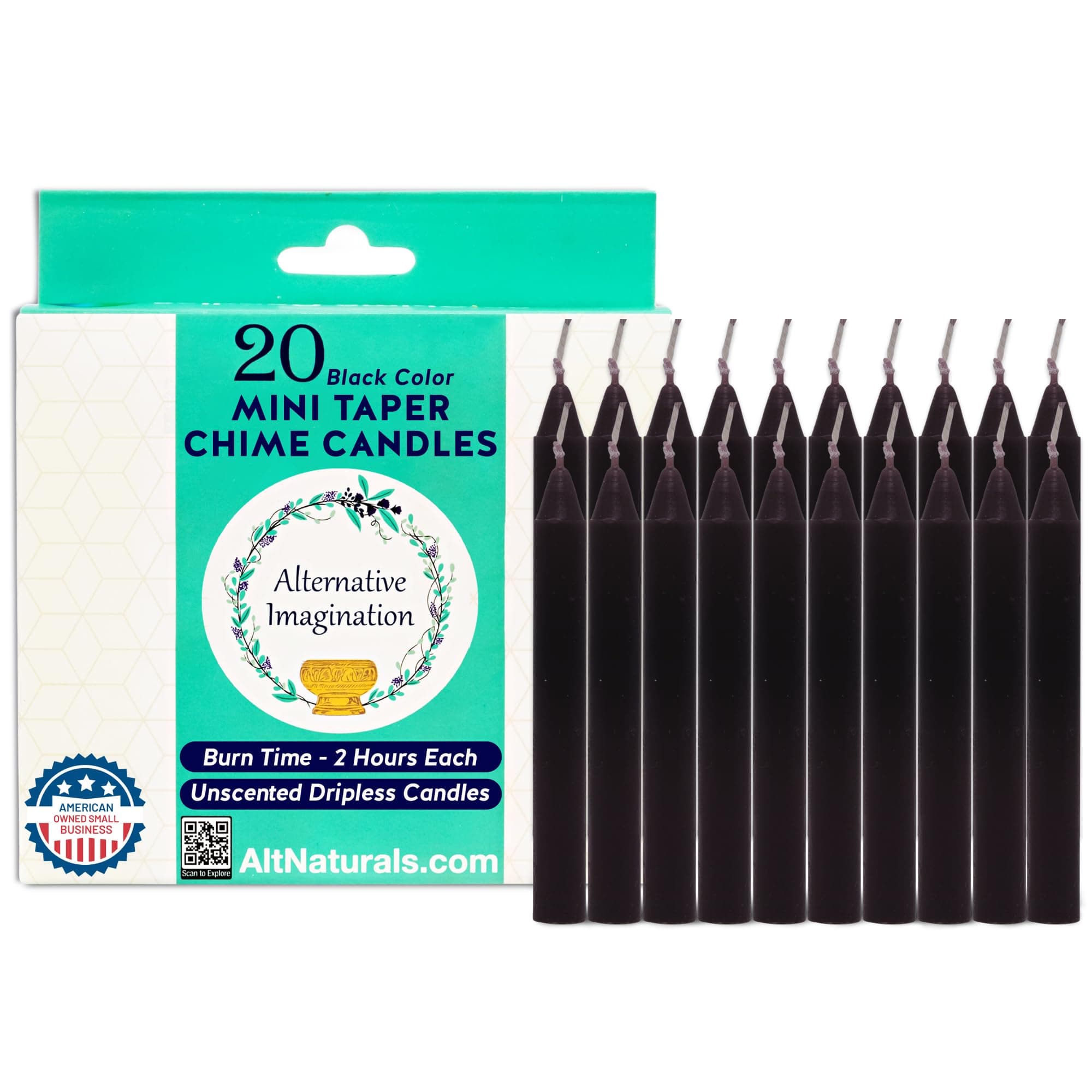 Alternative Imagination Black Chime Candles - 20 Pack of Unscented 4 Inch Mini Taper Candles - Dripless Long Burning Ritual Candles for Meditation, Protection, Banishing Negativity, & Home Decor