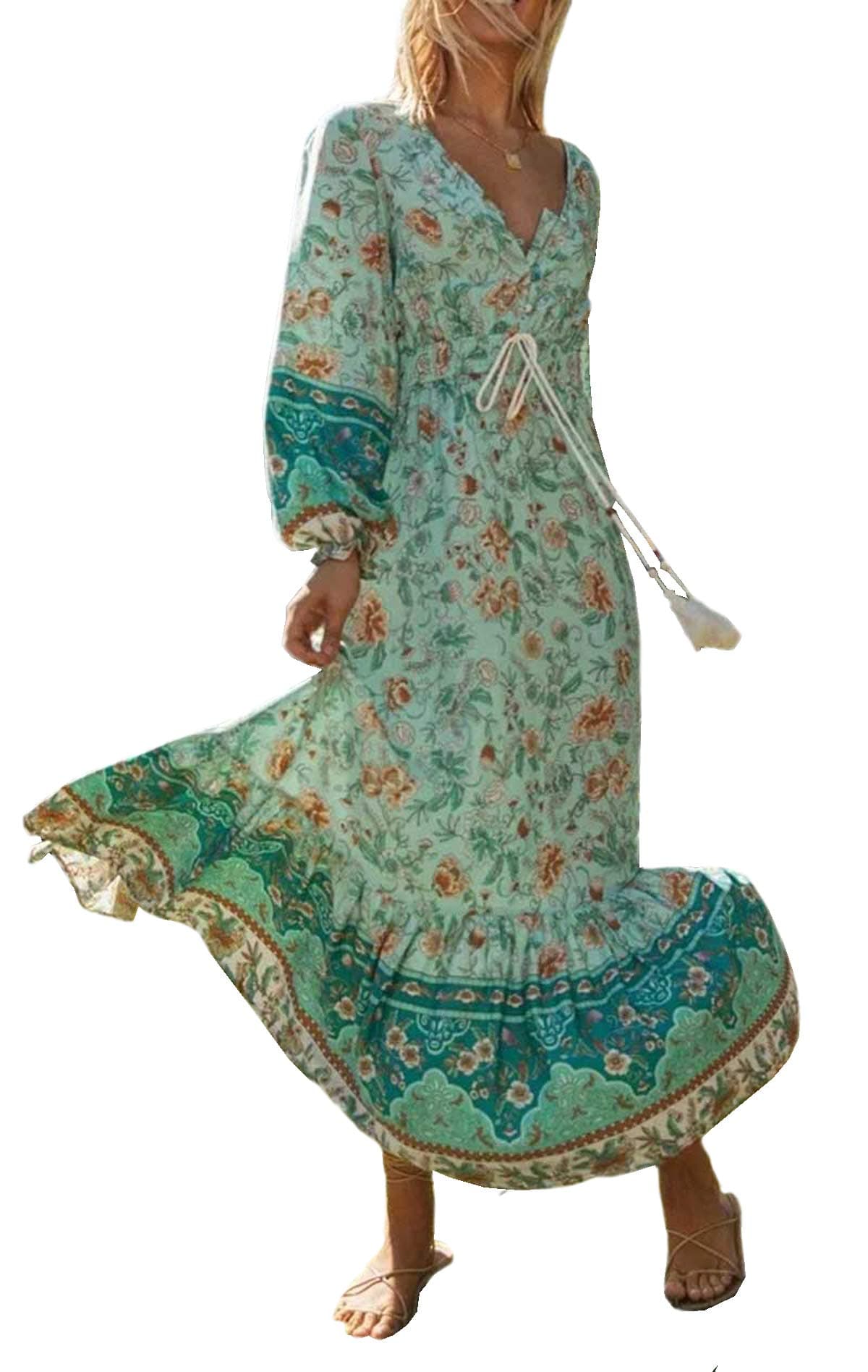 R.VivimosWomen's Casual Retro Bohemian Floral Long Sleeve V Neck Button Up Loose Maxi Dress