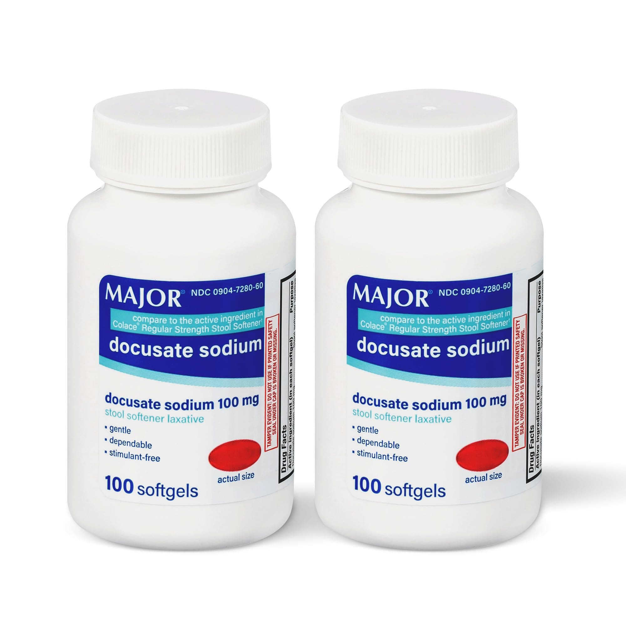 Major Docusate Sodium 100 Mg Softgels For Gentle, Reliable Relief From Occasional Constipation Generic Colace Per Bottle Pack Of 2 Bottles Total 200