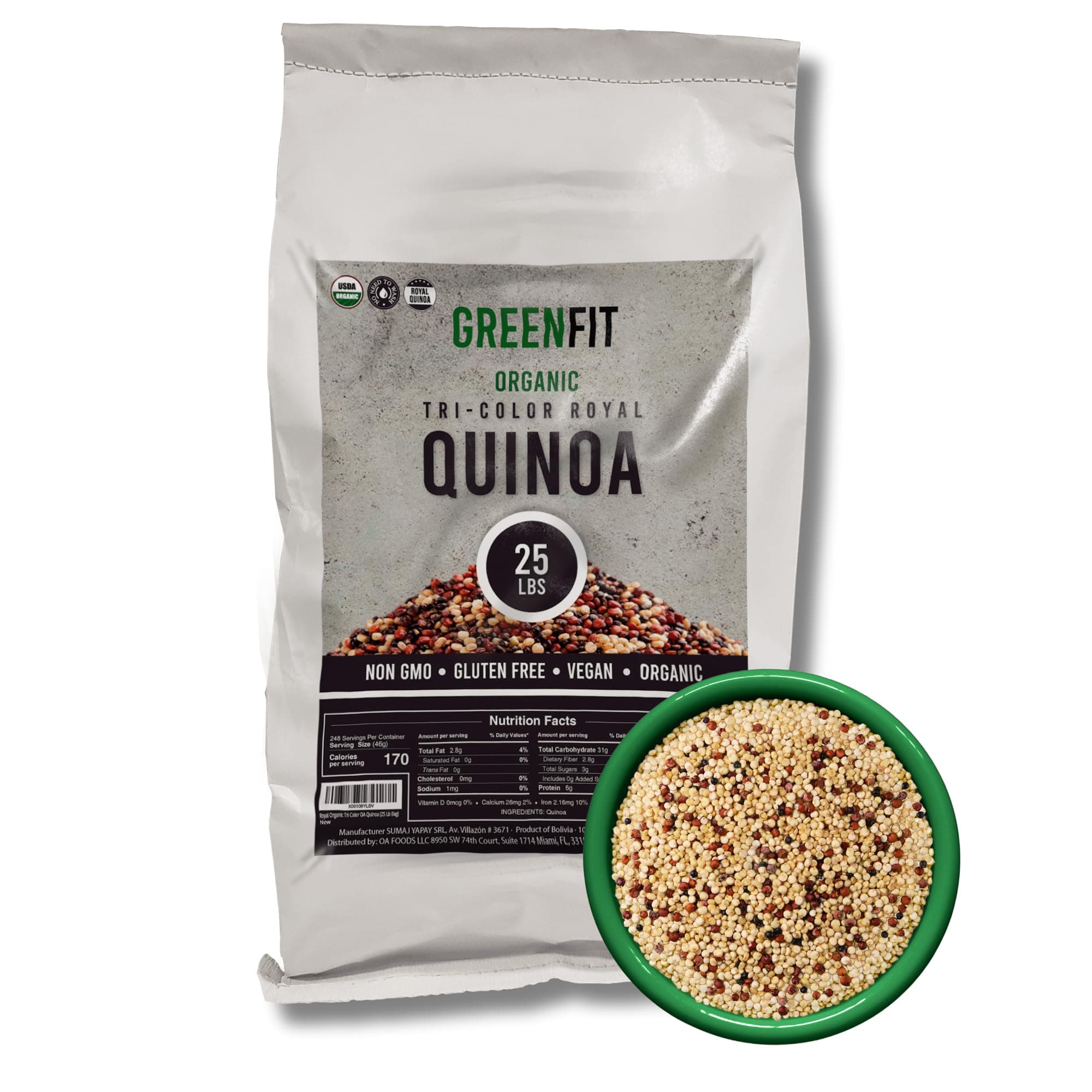 Greenfit Royal Organic Tri Color Quinoa | Non-GMO, Gluten-Free, Vegan, and Organic | Complete Protein, High Fiber, Low-Calorie Tri-Color Quinoa | (25 Pound - Pack of 1)