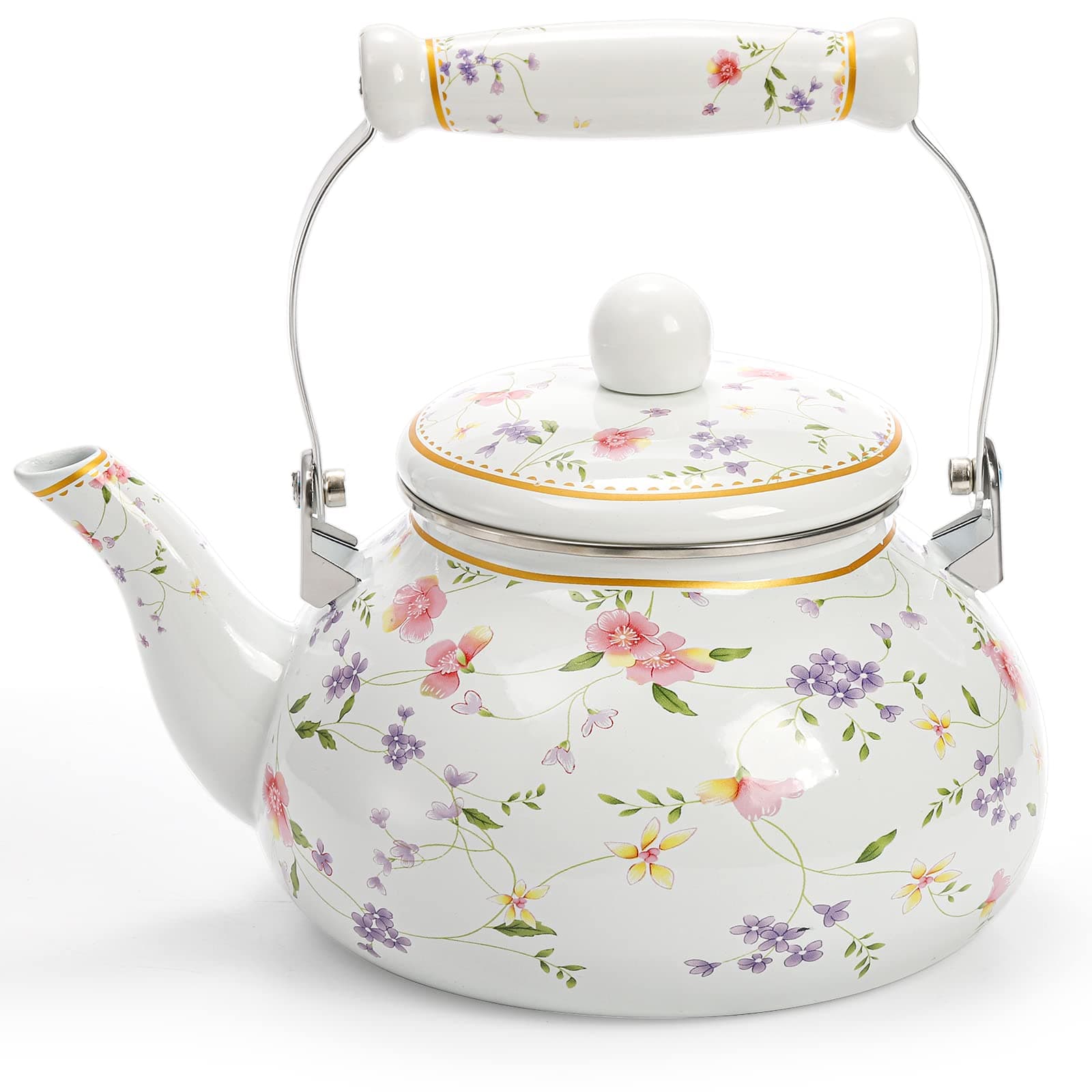Jucoan Vintage Enamel Tea Kettle, 2.6 Quart Floral Enamel Water Kettle Teapot with Porcelain Handle for Stovetop Home Kitchen Camping, Housewarming Wedding Bridal Shower Thanksgiving Christmas Gift