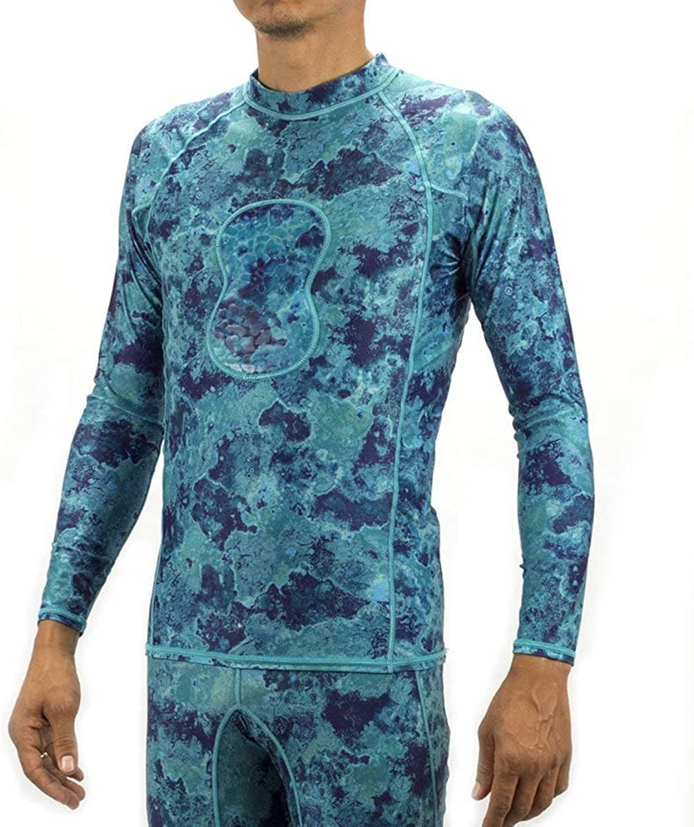 DXDIVERS CAMO Rash Guard PAD ON Chest Long Sleeves Lycra with NO Hood Spearfishing Freediving Boating Surfing Scuba Diving (Large)