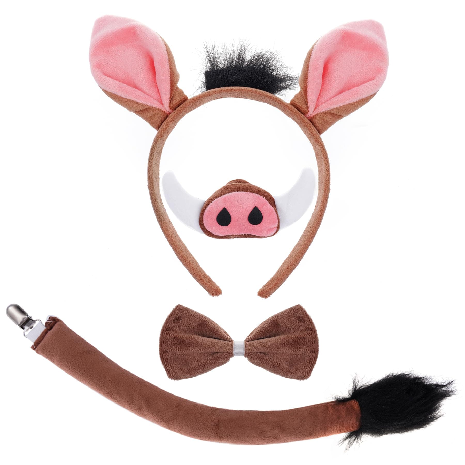 Dxhycc Warthog Costume Accessories Set, Warthog Ears Headband Nose Bowtie and Tail Costume Accessories for Adult Halloween Dress Up Play Party