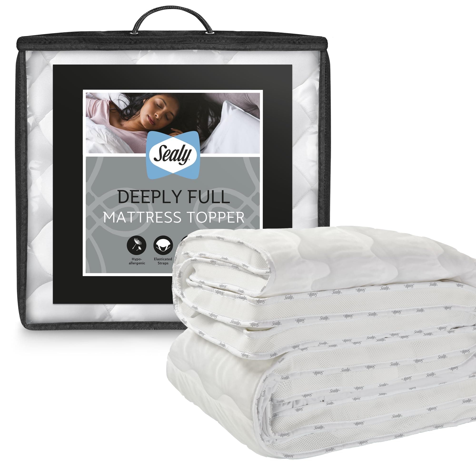 Sealy Deeply Full Mattress Topper - Soft Luxury Thick Mattress Pad with Premium Hollowfibre Fibadown Fibres, Breathable Mesh Sides and Elasticated Straps Designed to Transform Your Mattress, Double