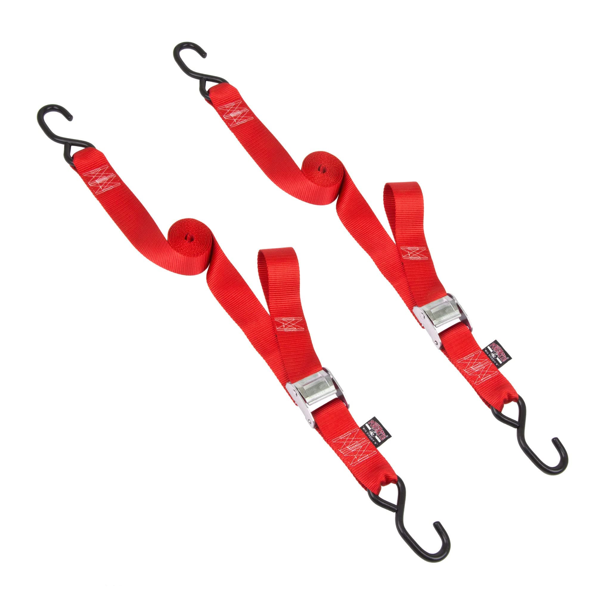 PowerTye Cam Buckle Tie Down Straps – 2 inch x 8ft Straps with S-Hooks – Ideal for Motorcycle, ATV, Trailers, and Truck Bed Cargo – 600 lb WLL & 1,800 lb Break Strength – USA Made, Red (Pair)