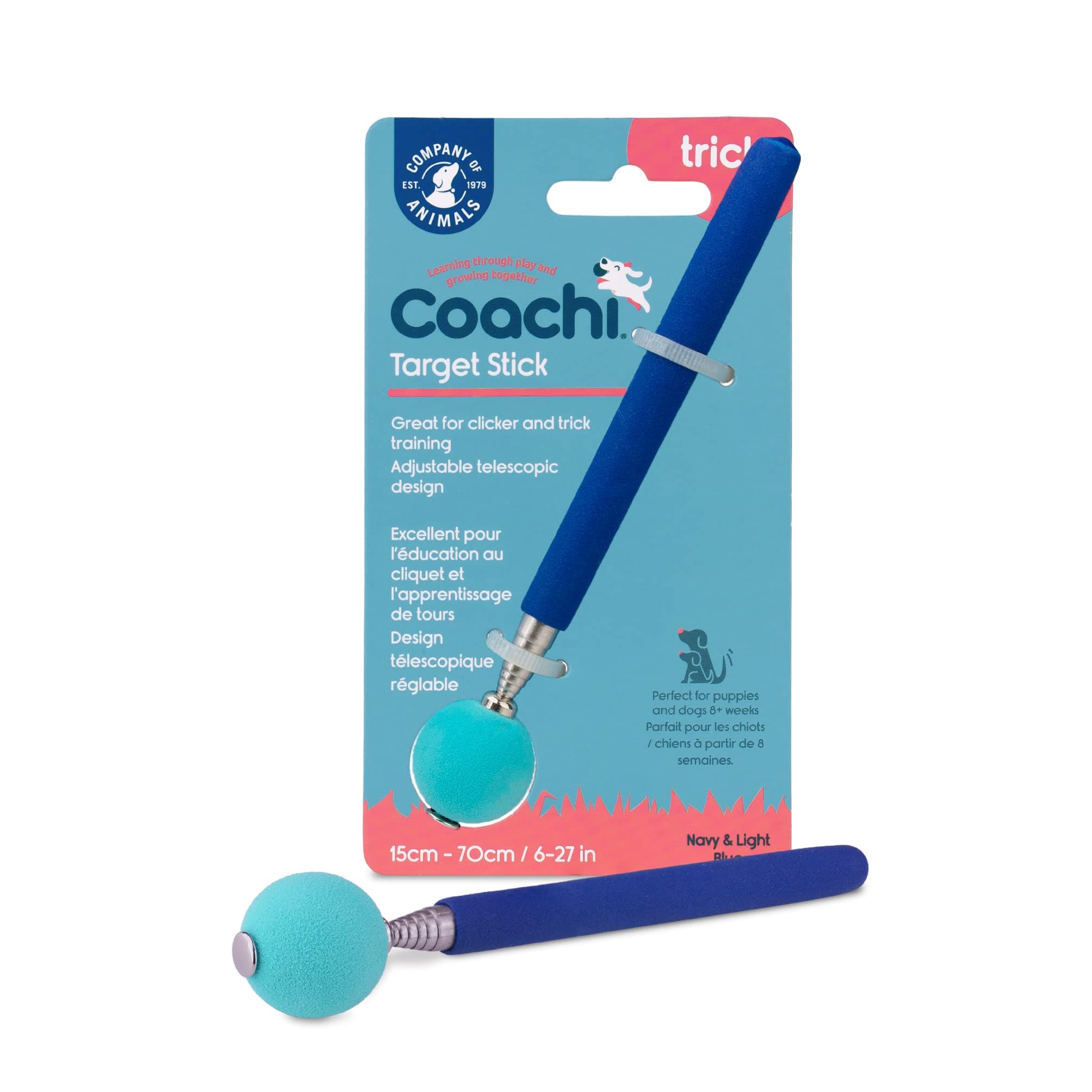 Company of Animals Coachi Target Stick, Telescopic Design with Large Ball for Target, Dog Accessory for Clicker & Agility Training, Teach Commands and Tricks, Navy/Light Blue