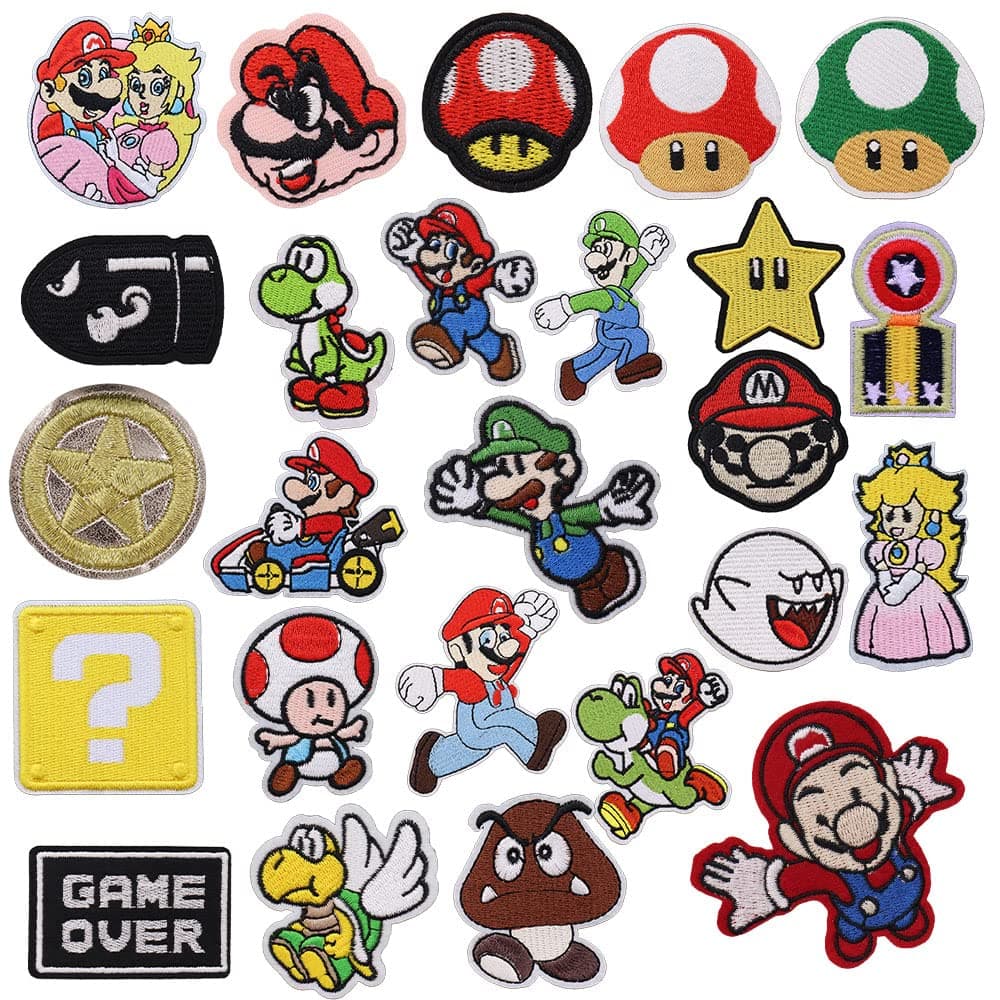 Sets of 25pcs Mario and Luigi Mushroom Iron on Patches Embroidered Motif Applique Decoration Sew On Patches Custom Patches for DIY Jeans,Jacket,Kid's Clothing, Shoes, Arts Craft (Sets of 25Pcs)