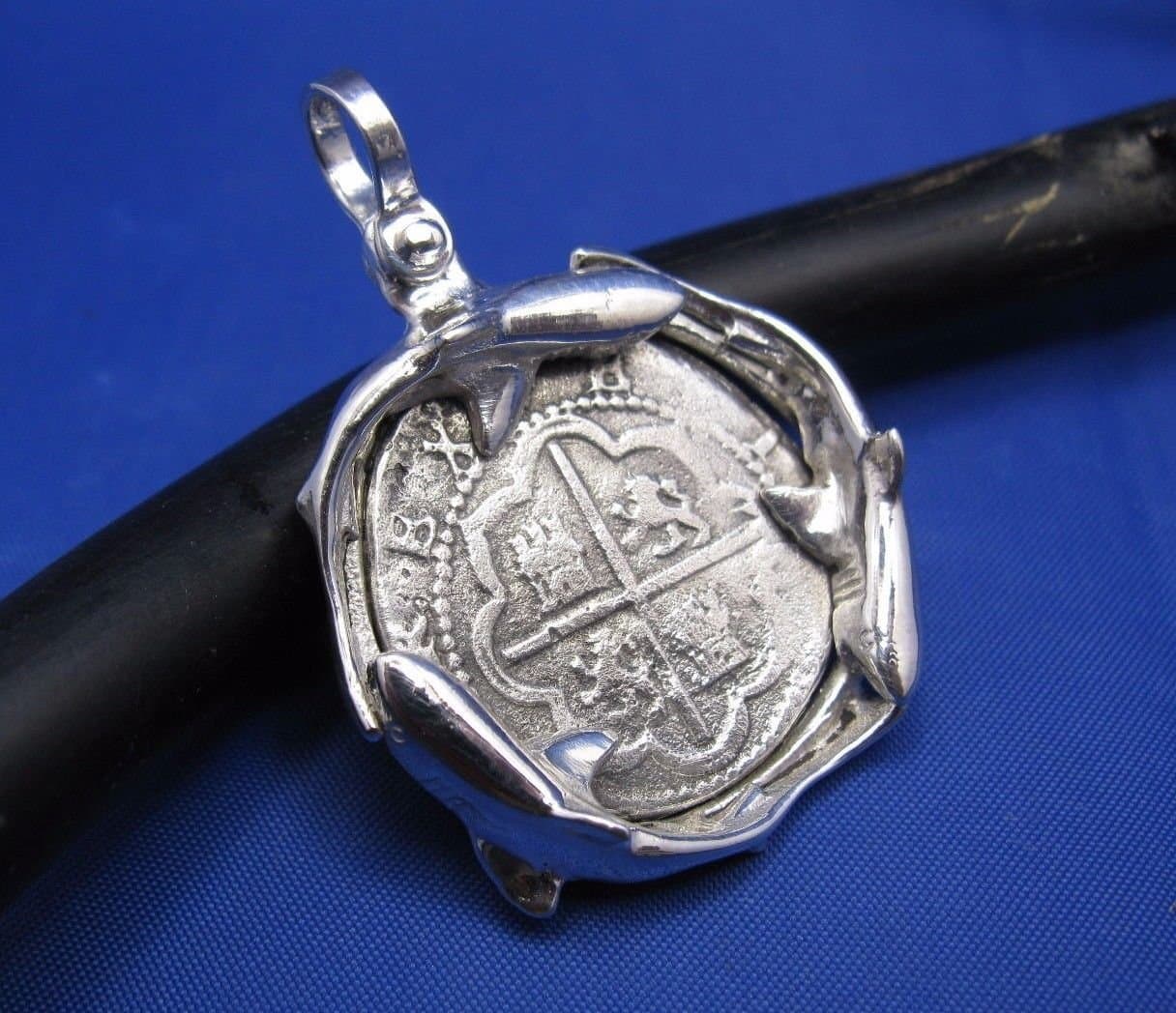 Sterling Silver Replica Shipwreck Coin with Shark Wrapped Bezel (Unique Nautical Pendant)