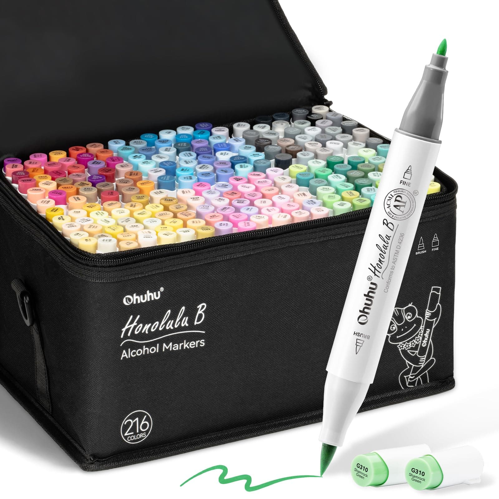 Alcohol Based Brush Markers -Double Tipped Art Marker Set for Artists Adults Coloring Sketch Illustration - Brush & Fine Dual Tips - 216 Colors - Honolulu B of Ohuhu Markers - Refillable Ink