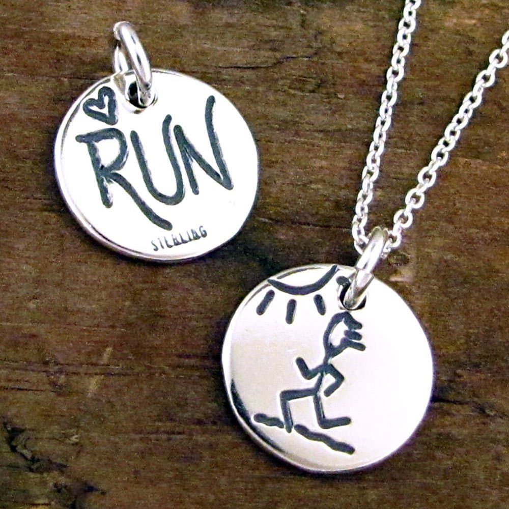 Run Necklace, Sterling Silver Jewelry for Runners, Marathon, Triathlon Reversible Charm on 18" Chain
