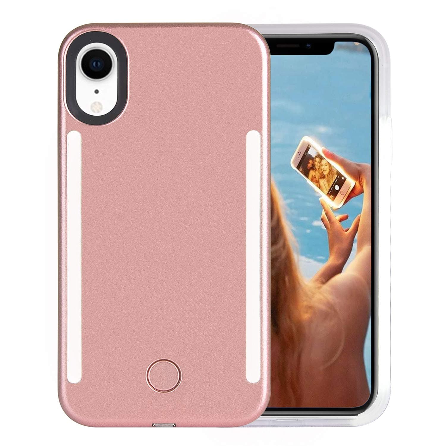 Wellerly iPhone XR Case, LED Illuminated Selfie Light Cell Phone Case Cover [Rechargeable] Dual Light Up Luminous Selfie Flashlight Case for iPhone XR 6.1inch (Rose Gold)
