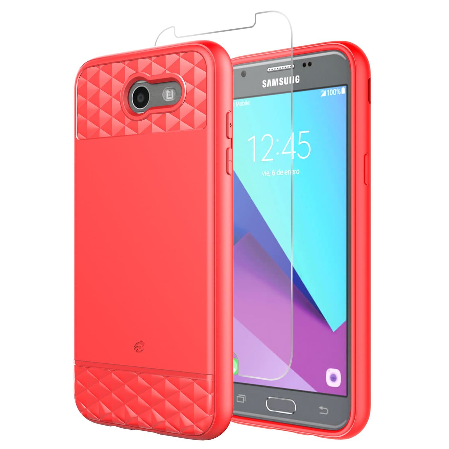 Samsung Galaxy J7 (2017) / J7 Sky Pro / J7 Perx / J7 V Case, [Slim Fit] Anti-Slip Shockproof Scratch Resistant TPU Case W/Free 9H Tempered Glass Screen Protector - Red