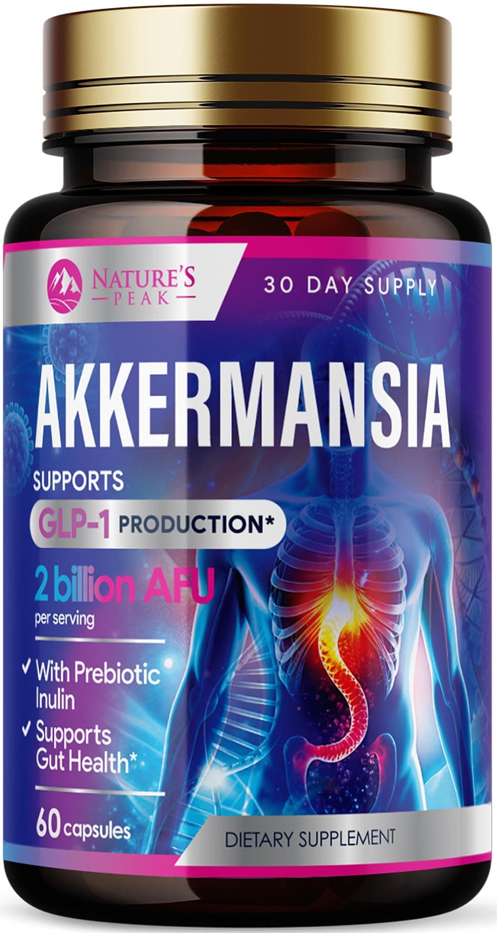 Akkermansia Probiotic 2 Billion AFU Per Serving - Premium Akkermansia Muciniphila with Prebiotics for Women and Men - GLP-1 Support Supplement for Gut & Digestive Health - Bottled USA - 60 Capsules