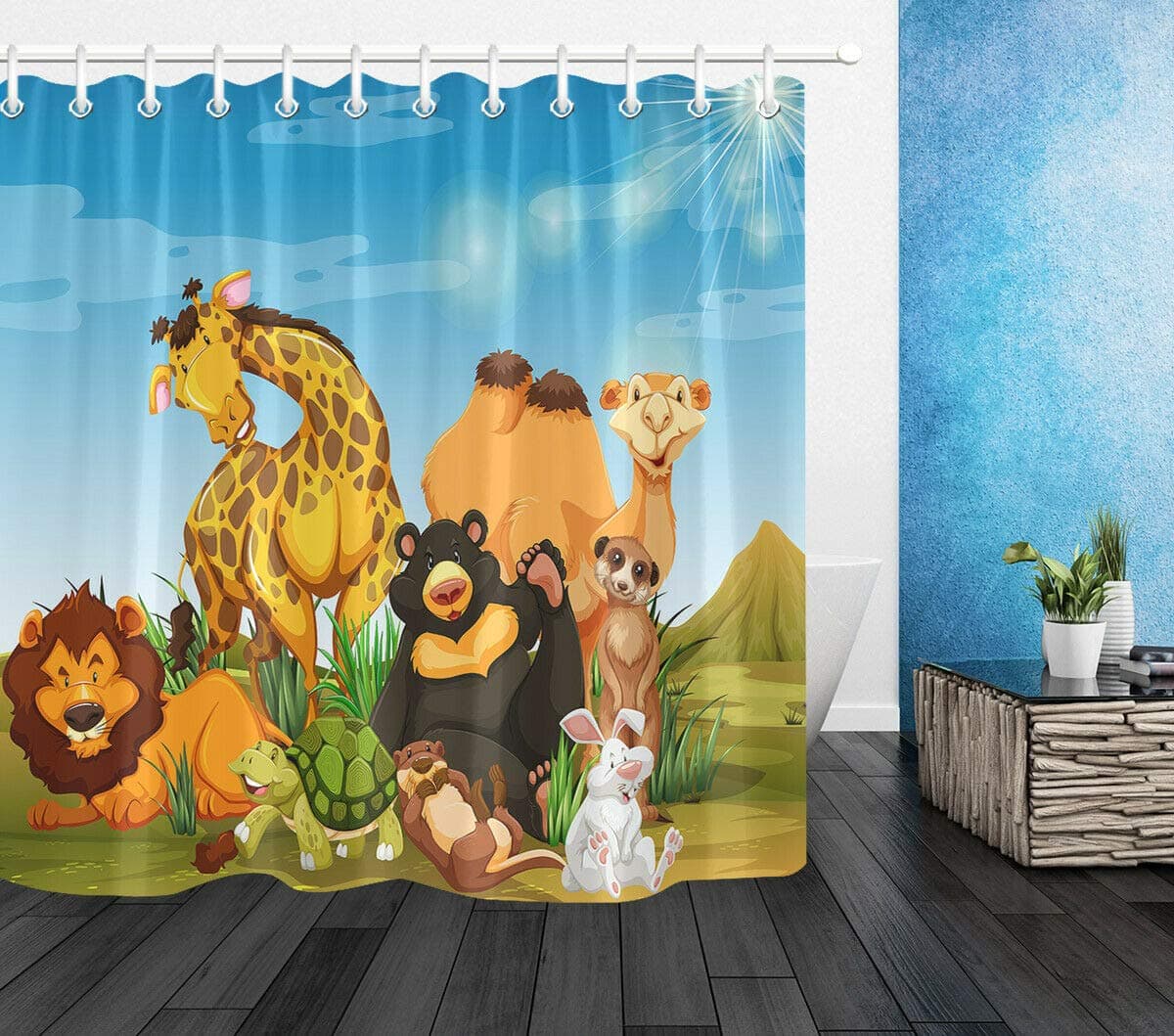 Nyngei Lion King Cartoon Animals Waterproof Fabric Shower Curtain Set Bathroom Hooks 183X183CM