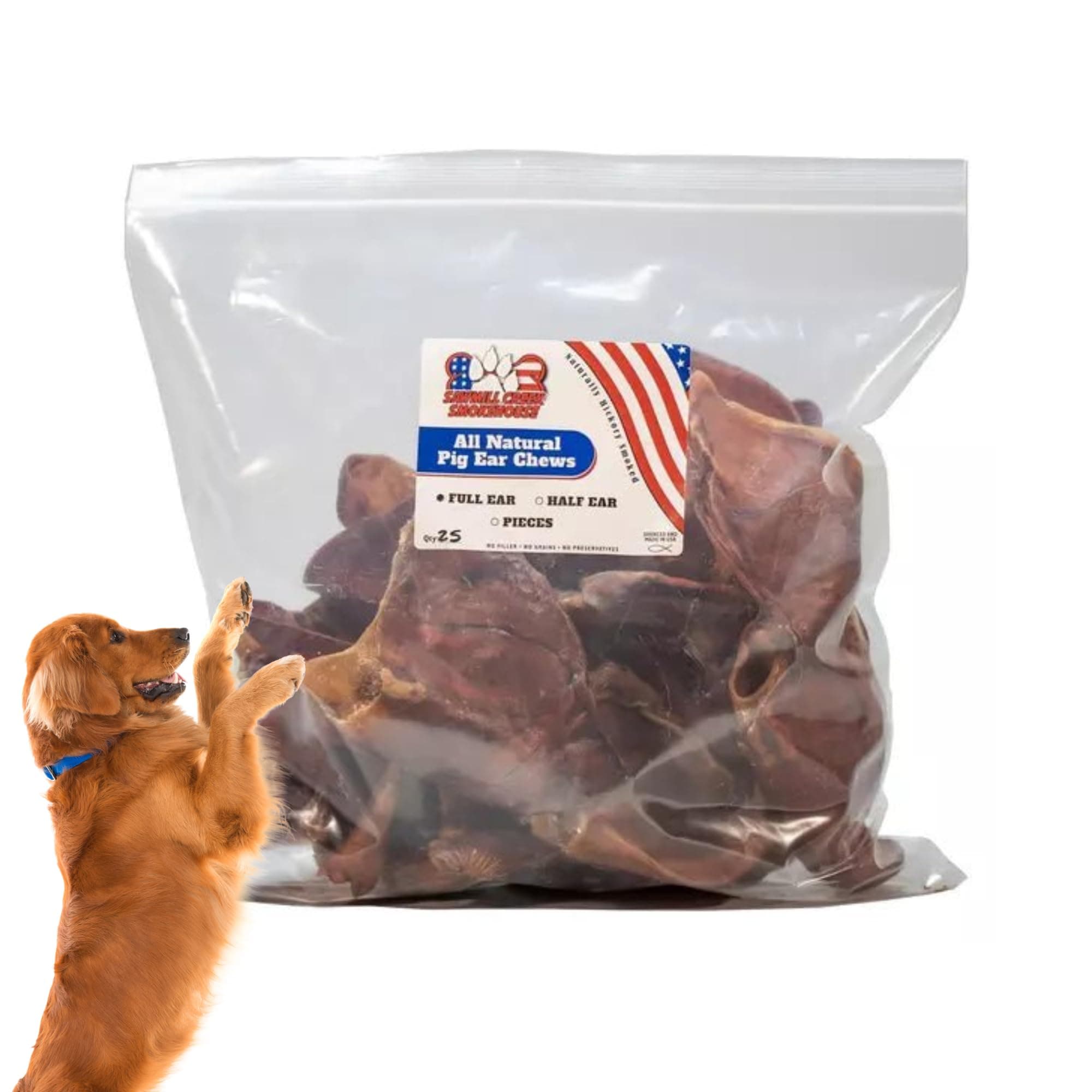 Sawmill Creek Smokehouse- Healthy and Natural Jumbo Pig Ears for Dogs- Promote Dental Health with Our Long Lasting Dog Treats- Sourced and Made in The USA- Natural Dog chews-25 Pack