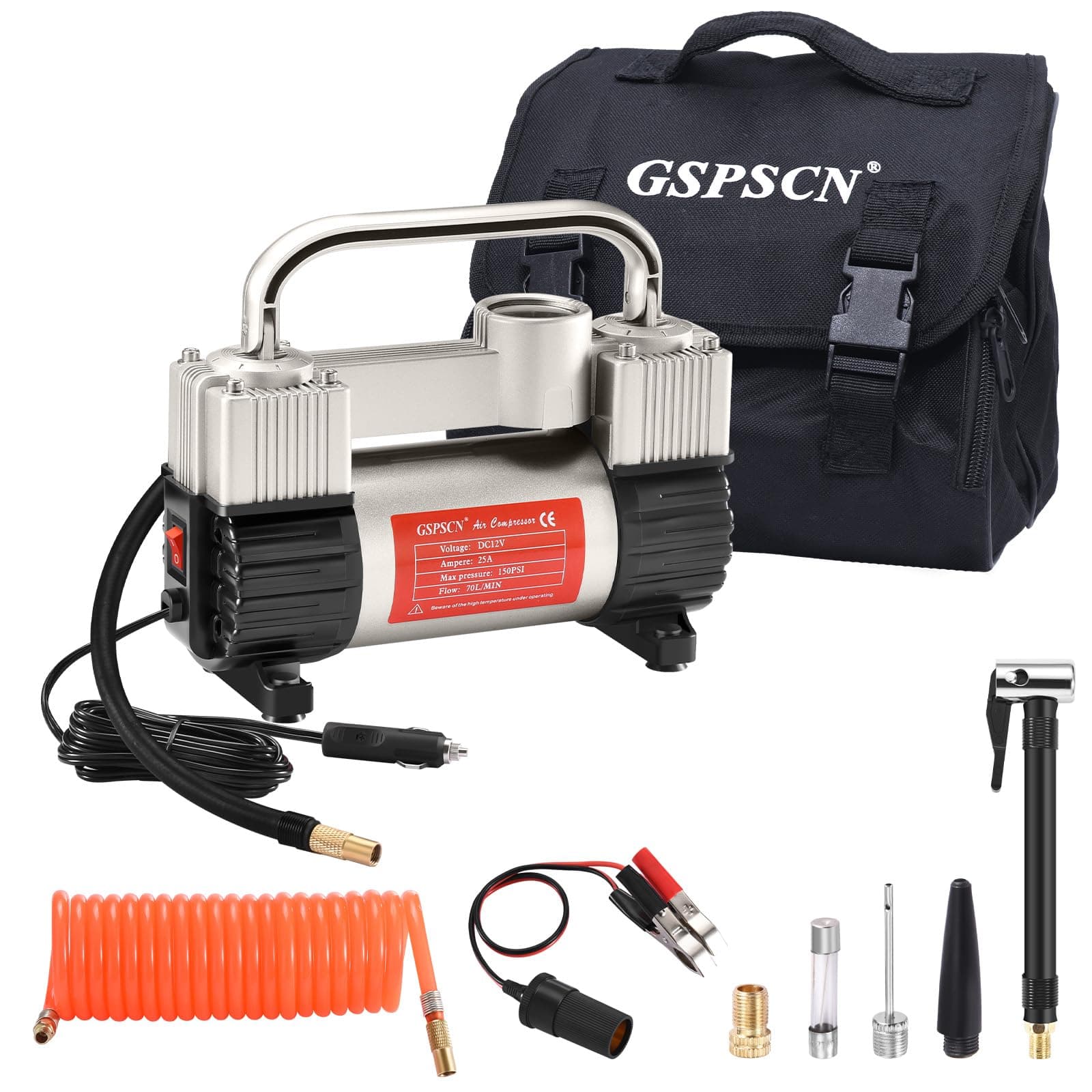 GSPSCN 6X Faster Inflation Tyre Inflator Heavy Duty Double Cylinders with Portable Bag- Car Accessories，Metal 12V Air Compressor Pump 150PSI with Adapter for Car, Truck, SUV Tyres, Dinghy, Air Bed