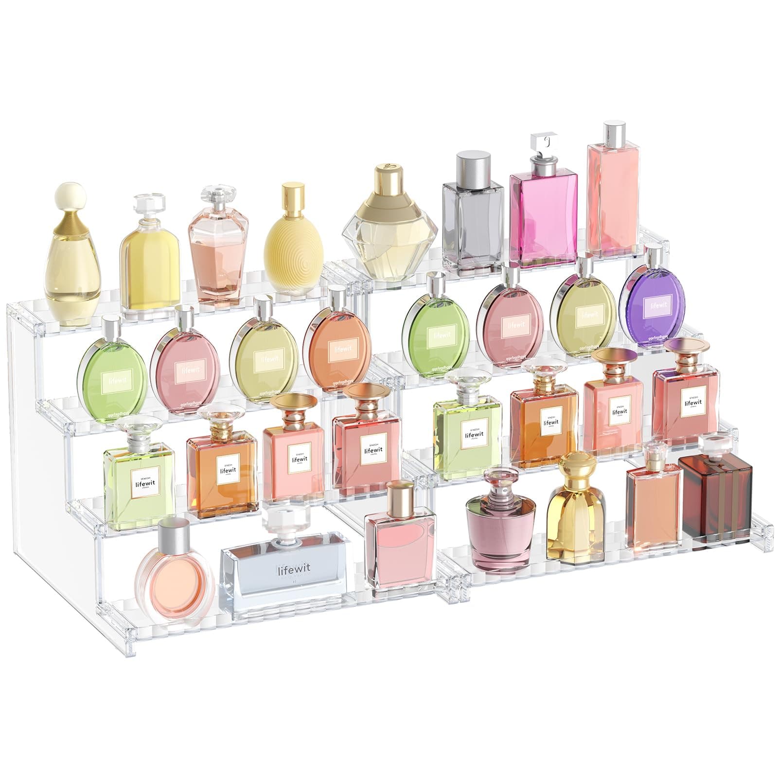 Lifewit 4 Tier Clear Display Riser Stand with Decorative Secure Fences, Tool-free Assembly, Plastic 12 Inch Perfume Organizer, Display for Figures, Cupcake, Dessert, 2-pack