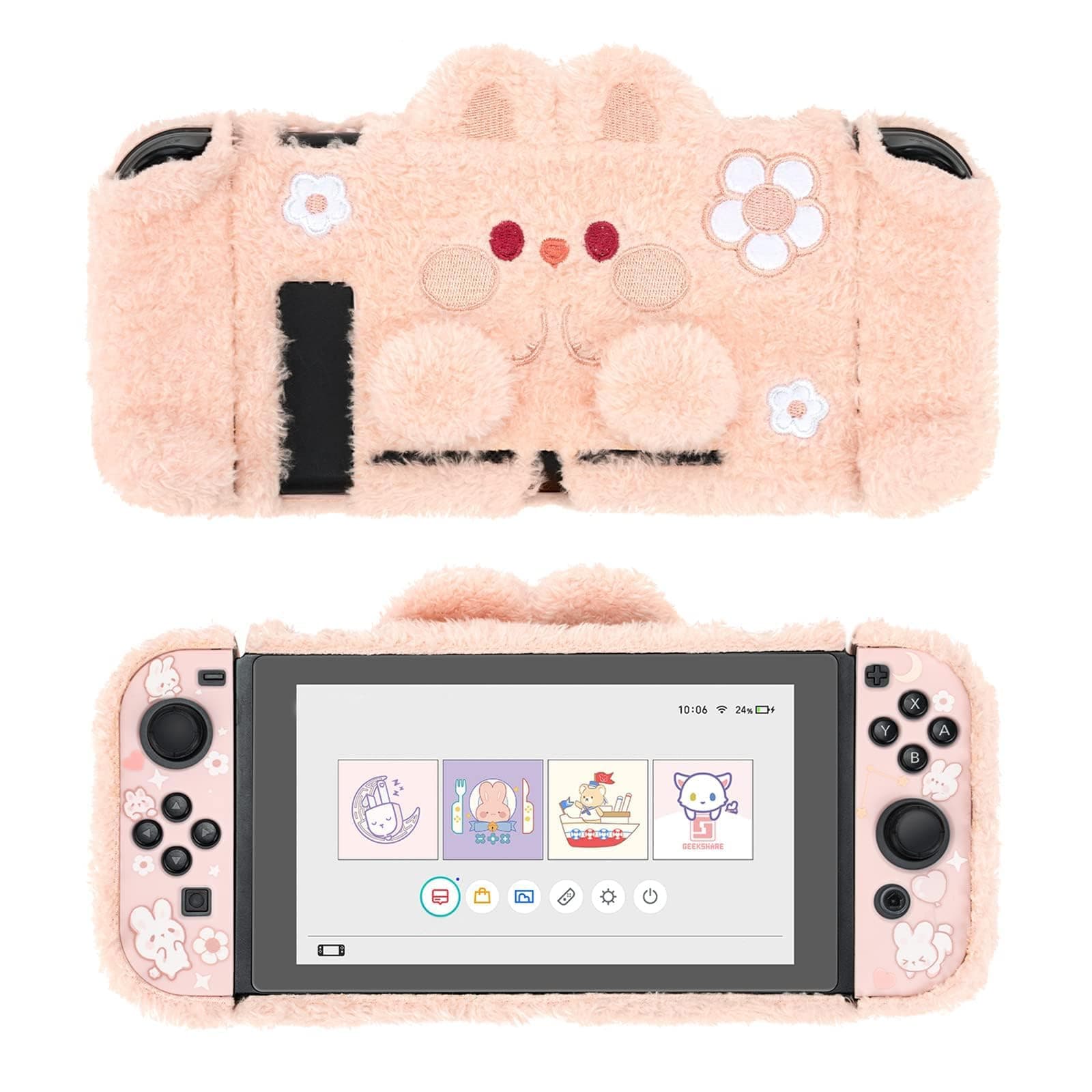 GeekShare Cute Plush Protective Case Cover Compatible with Standard Switch - Shock-Absorption and Anti-Scratch Skin Case for Switch - Plush Rabbit (for Switch 2017)