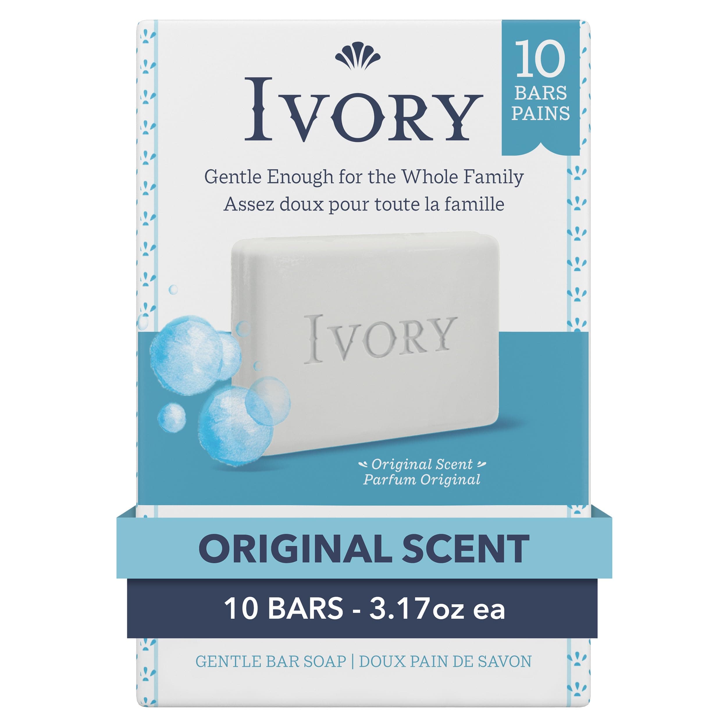 Ivory Gentle Bath Bar Soap, Designed for Whole Family, 99.44% Pure Formula, Plant-Based Cleansers, Made Without Heavy Perfumes, Parabens or Phthalates, Original Scent, 3.17 oz (10 Count)