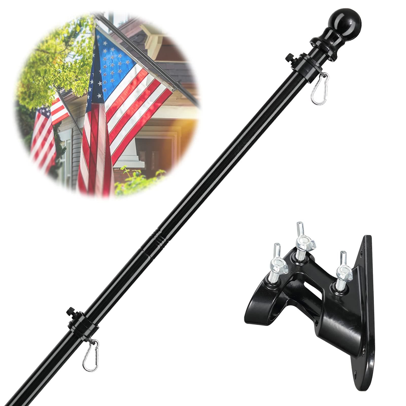 Barcetine American Flag Poles for Outside House - 5ft Tangle Free Flag Pole for House with Holder Bracket,Residential Flagpole Kit for Outdoor Porch Garage - Black