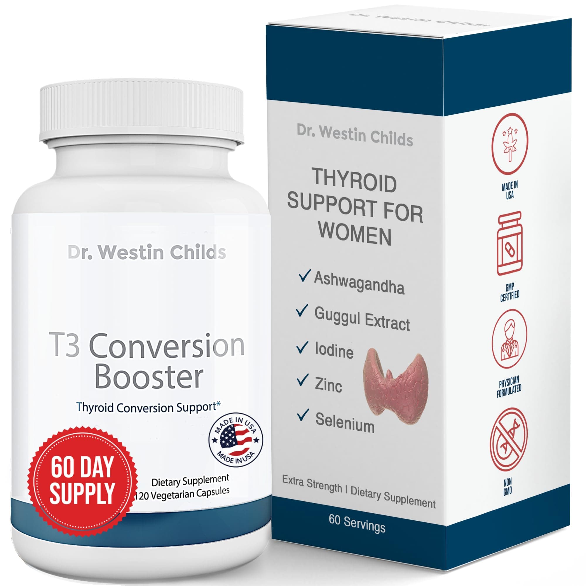 - T3 Conversion Booster - Thyroid Support for Women & Men with Hypothyroidism & Hashimoto’s, Iodine, Ashwagandha, Guggul Extract, Selenium & Zinc Complex, 60 Servings