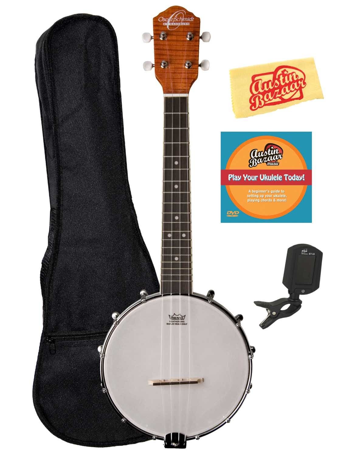 Oscar Schmidt OUB1 Concert Banjolele Bundle with Gig Bag, Austin Bazaar Instructional DVD, Clip-On Tuner, and Polishing Cloth