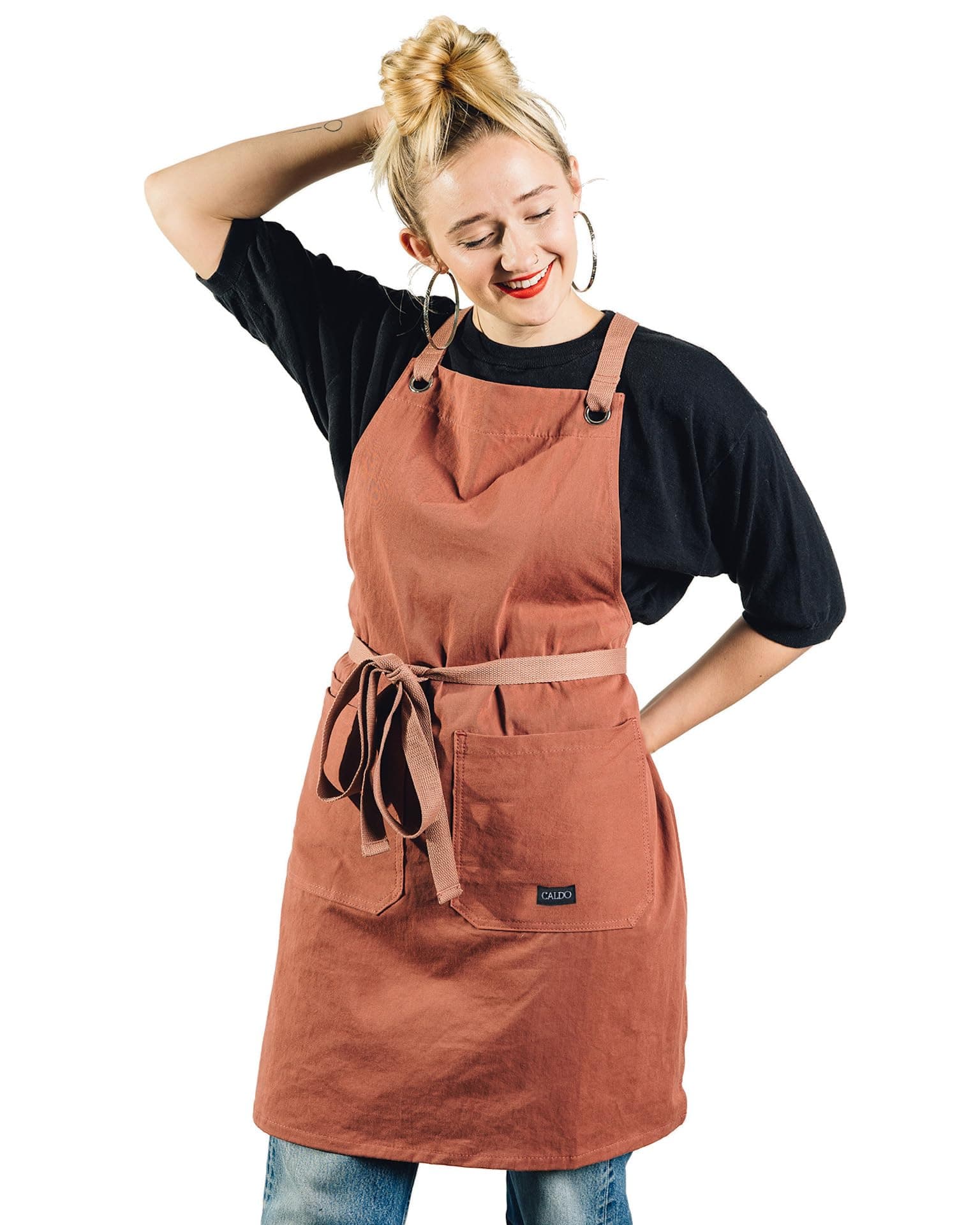 Caldo Crossback Kitchen Apron for Cooking - Mens and Womens Professional Chef or Server Bib Apron - Adjustable Crossback Style - Rustic- Midweight Cotton (Terracotta)