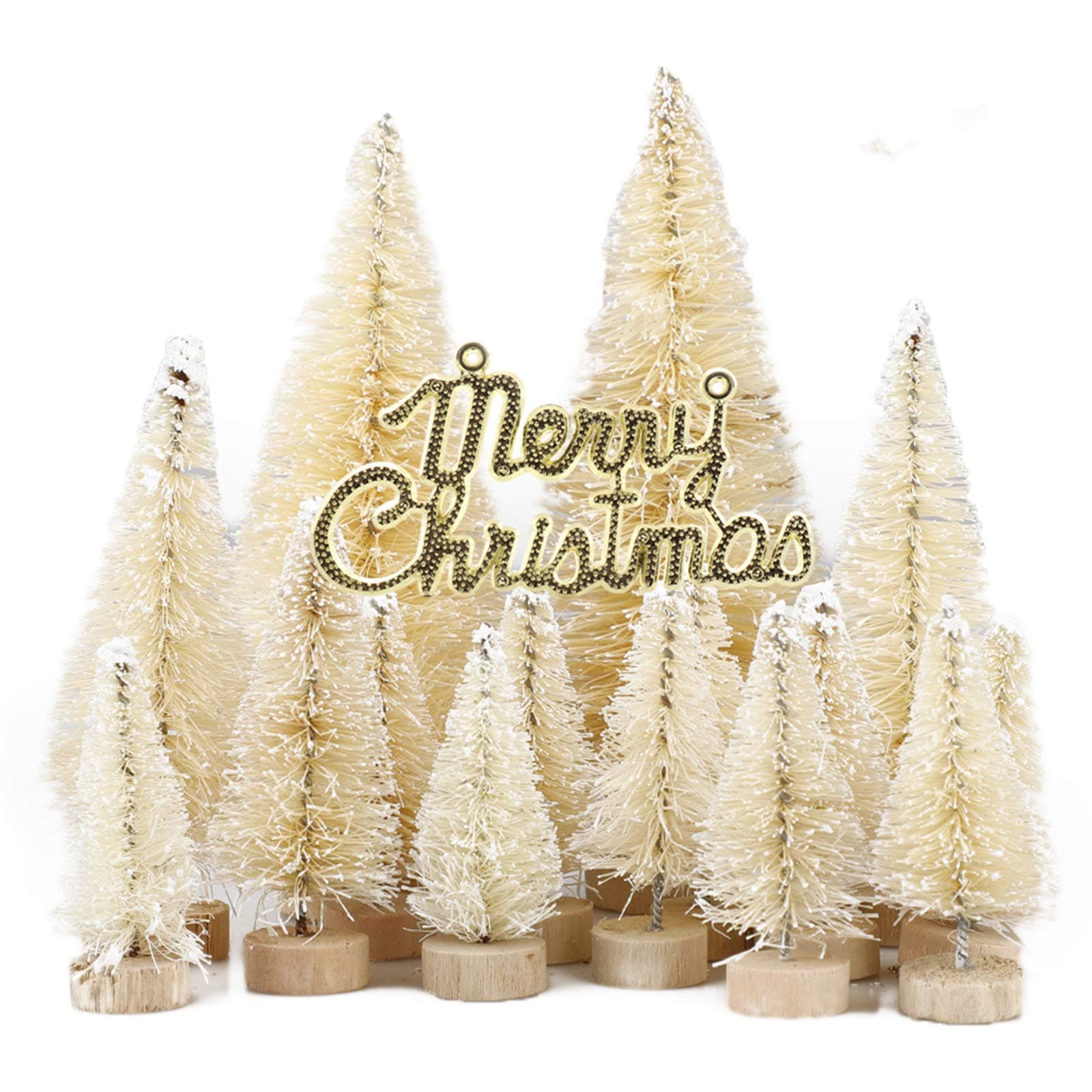 Nuxn49pcs White Artificial Mini Christmas Tree Set Miniture Pine Trees Sisal Trees Snow Frost Ornaments with Wooden Bases Plastic Bottle Brush Trees Tabletop Trees for Crafts DIY