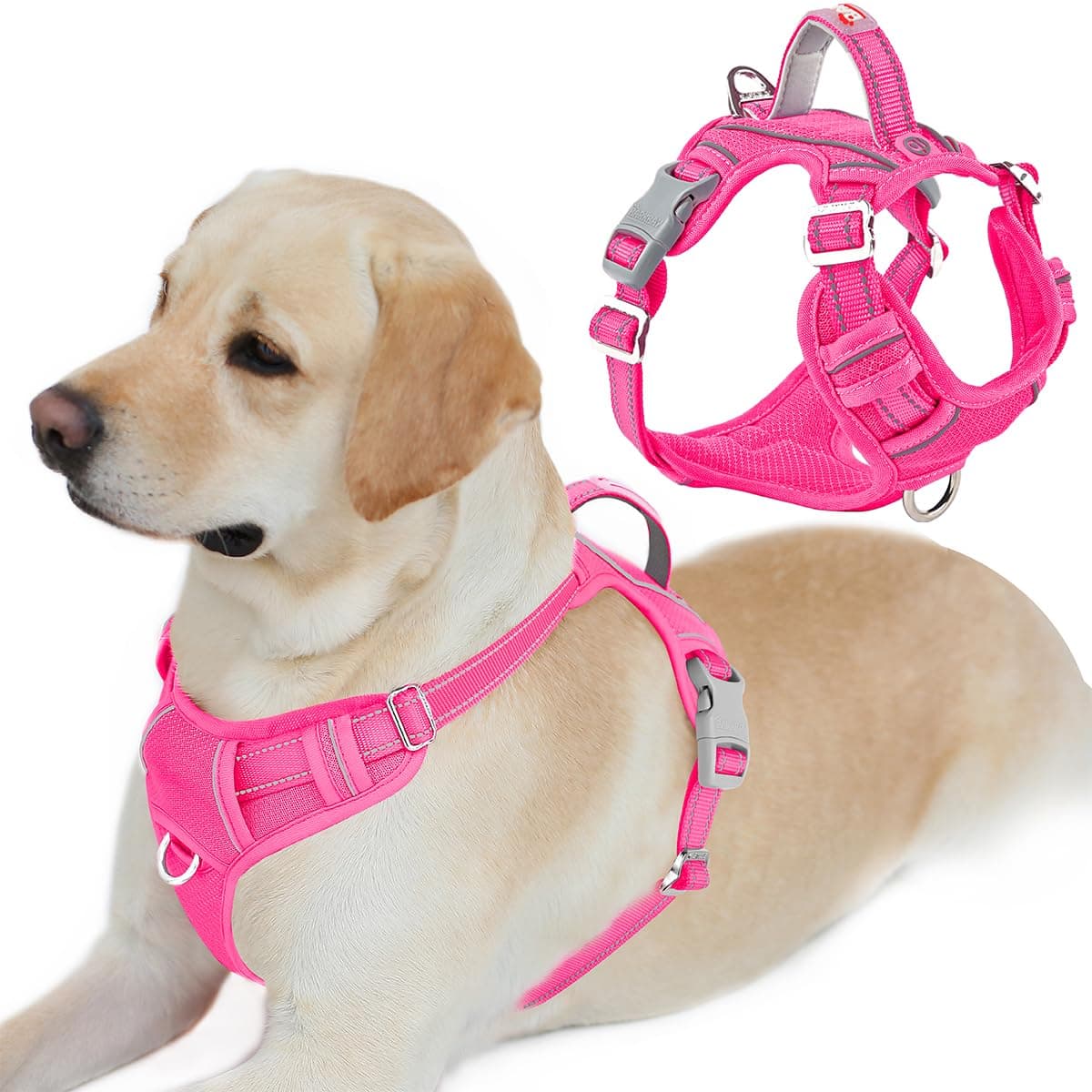 Dog Harness No Pull with ID Tag Pocket - Heavy Duty, Reflective, Easy Control for Large Dogs(Pink,L)