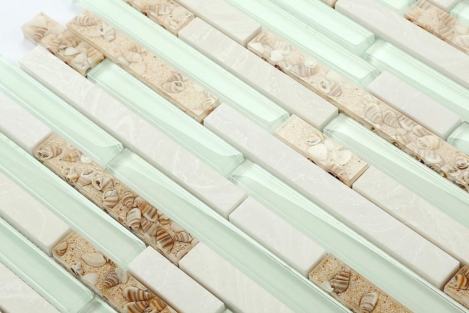 Beach Style Tile Real Seashell Conch Inside Lake Green Crystal Glass White Stone Linear Mosaic Bathroom Wall Tiles Coastal Kitchen Backsplash (5 Square Feet)