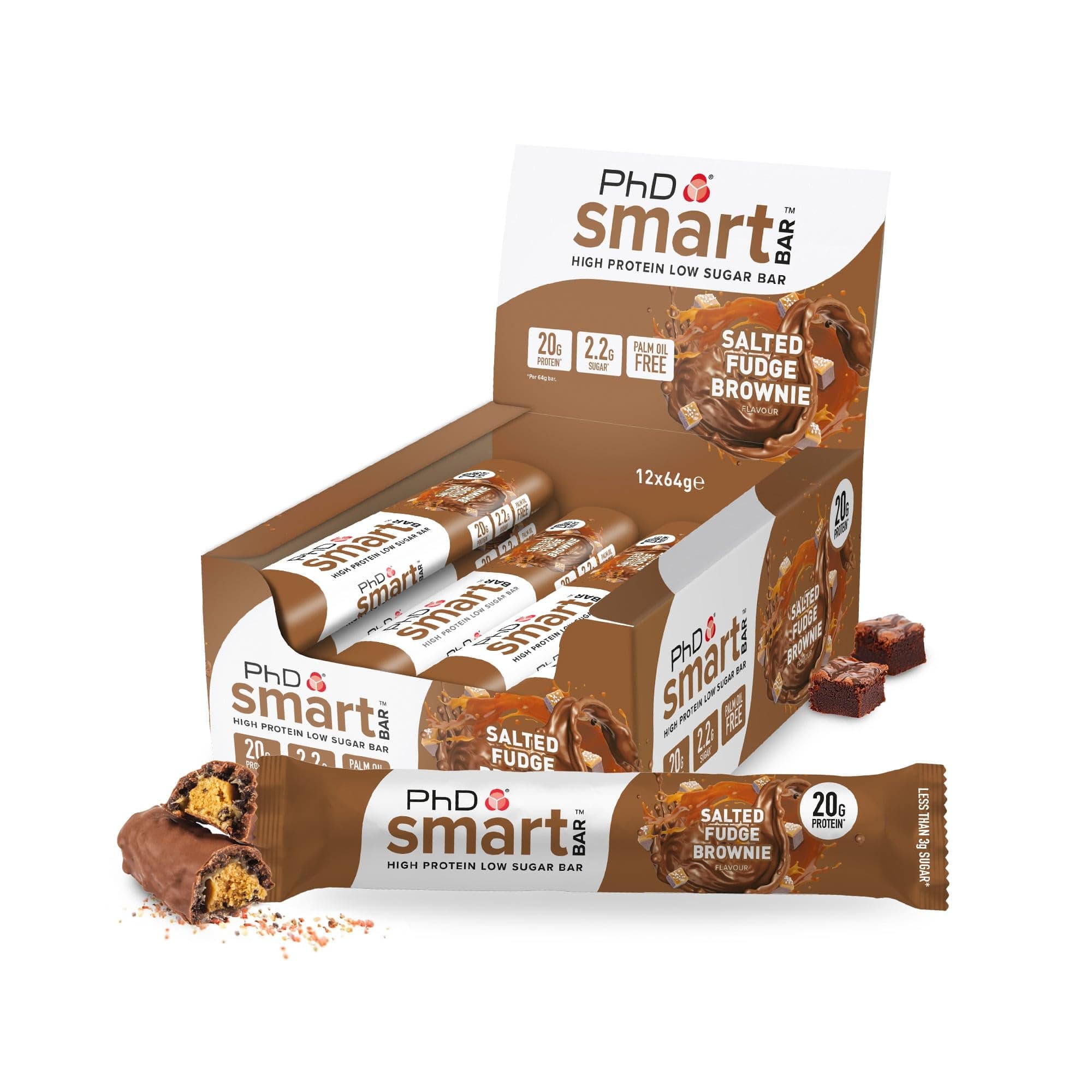 PhD Smart Bar-High Protein Low Sugar Bar, Salted Fudge Brownie, 64 g, Pack of 12