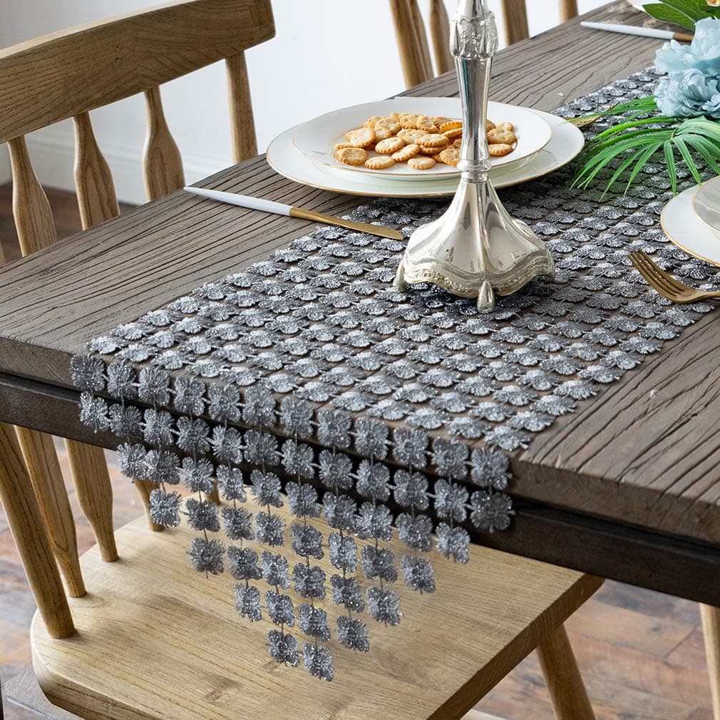 Valea HomeTable Runners 12 x 72 Inch Glitter Clover Table Runner for Kitchen Wedding Bridal Shower Decorations, Silver Grey