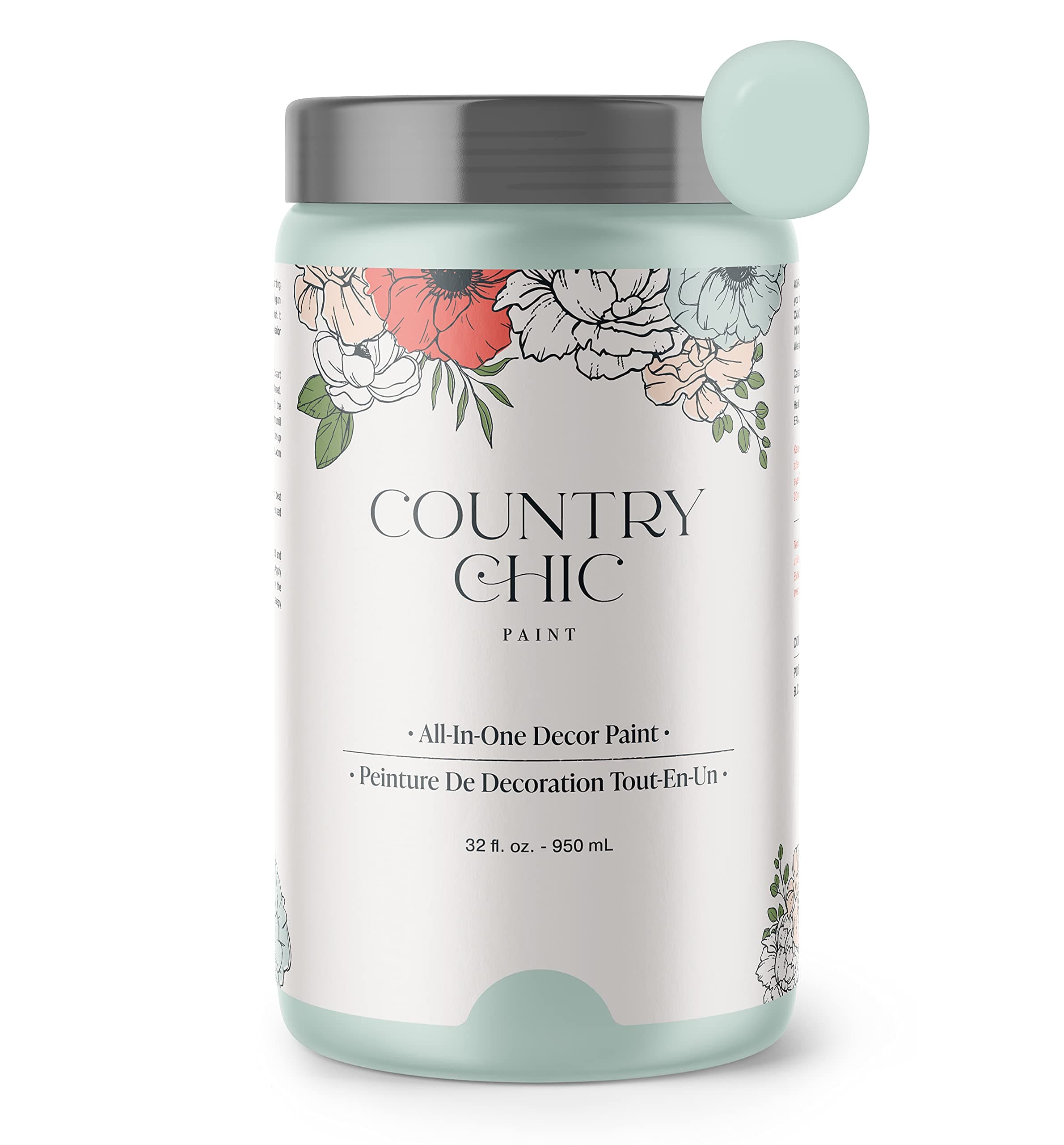 Country Chic All-in-One Chalk Paint for Furniture, Cabinets, Home Decor, Eco-Friendly, Matte Finish, Built-In Primer & Top Coat for Wood, Metal - Fancy Frock (Light Blue) - Quart 32 oz (950 ml)