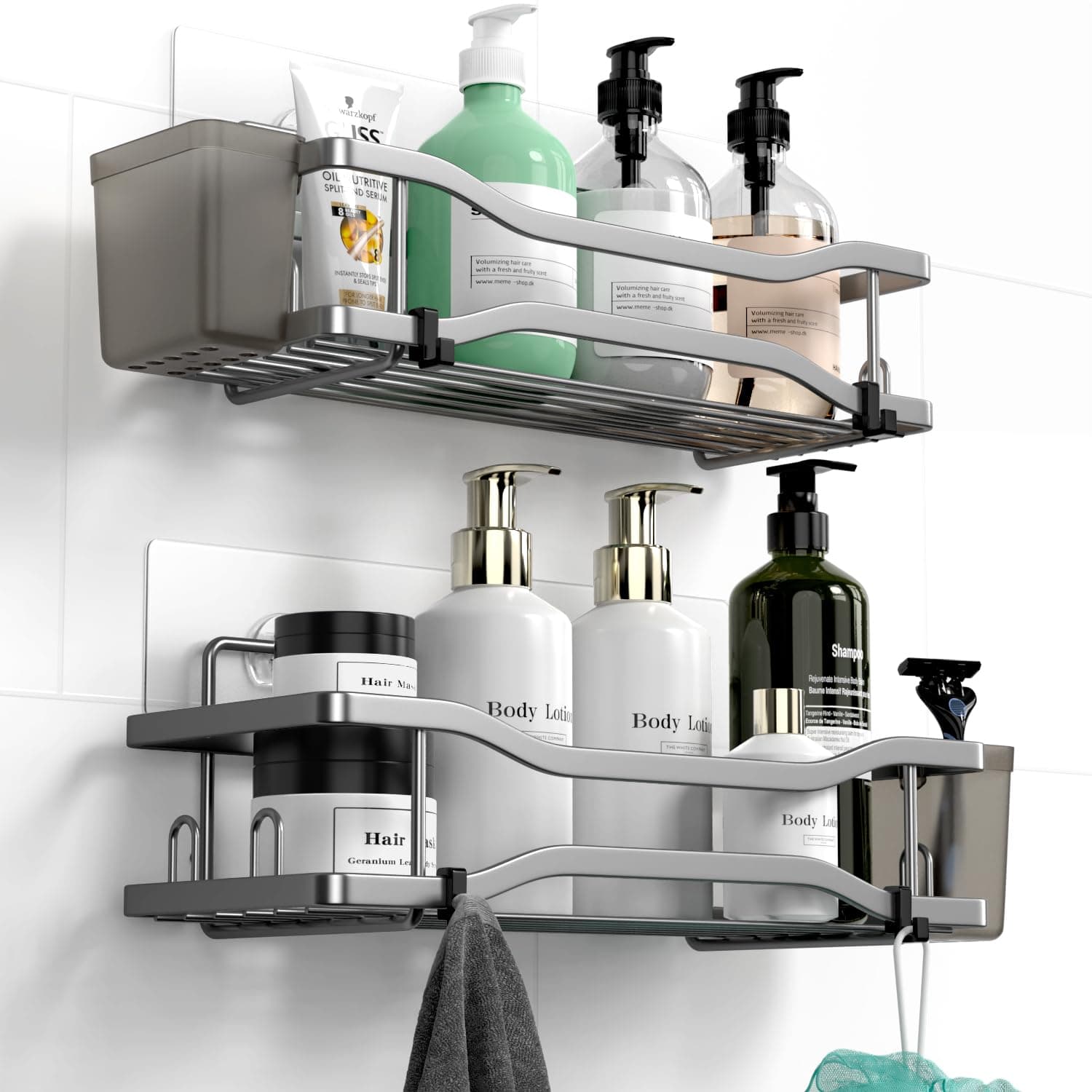 Shower Caddy Bathroom Organizer Shelf: Adhesive Wall Mounted Rack for Storage - Rustproof Stainless Steel Shower Shelves for Tile Walls (Silver)