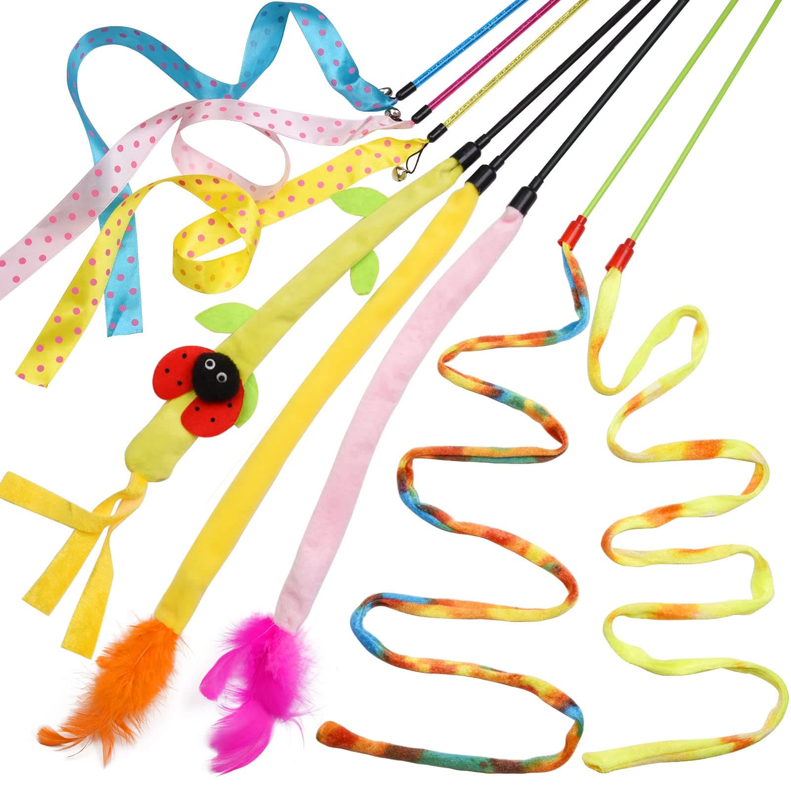 onebarleycorn Cat Toys for Indoor Cats, Cat Ribbon Toy Wand Cat string Toys for Kitten and Cats (8 PCS)