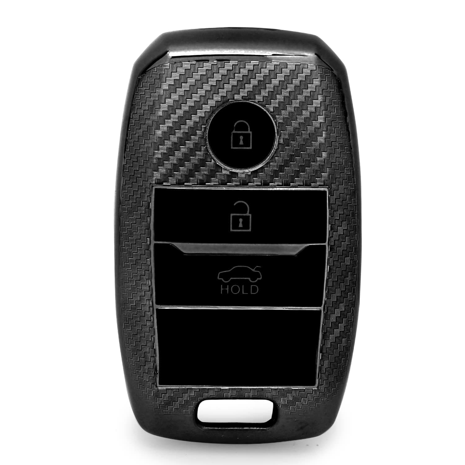 JVCV® Soft TPU Carbon Fiber Style Car Key Cover Compatible with Kia Seltos Sonet Carens 3 Button Push Start Car Key (Black Gun Metal)