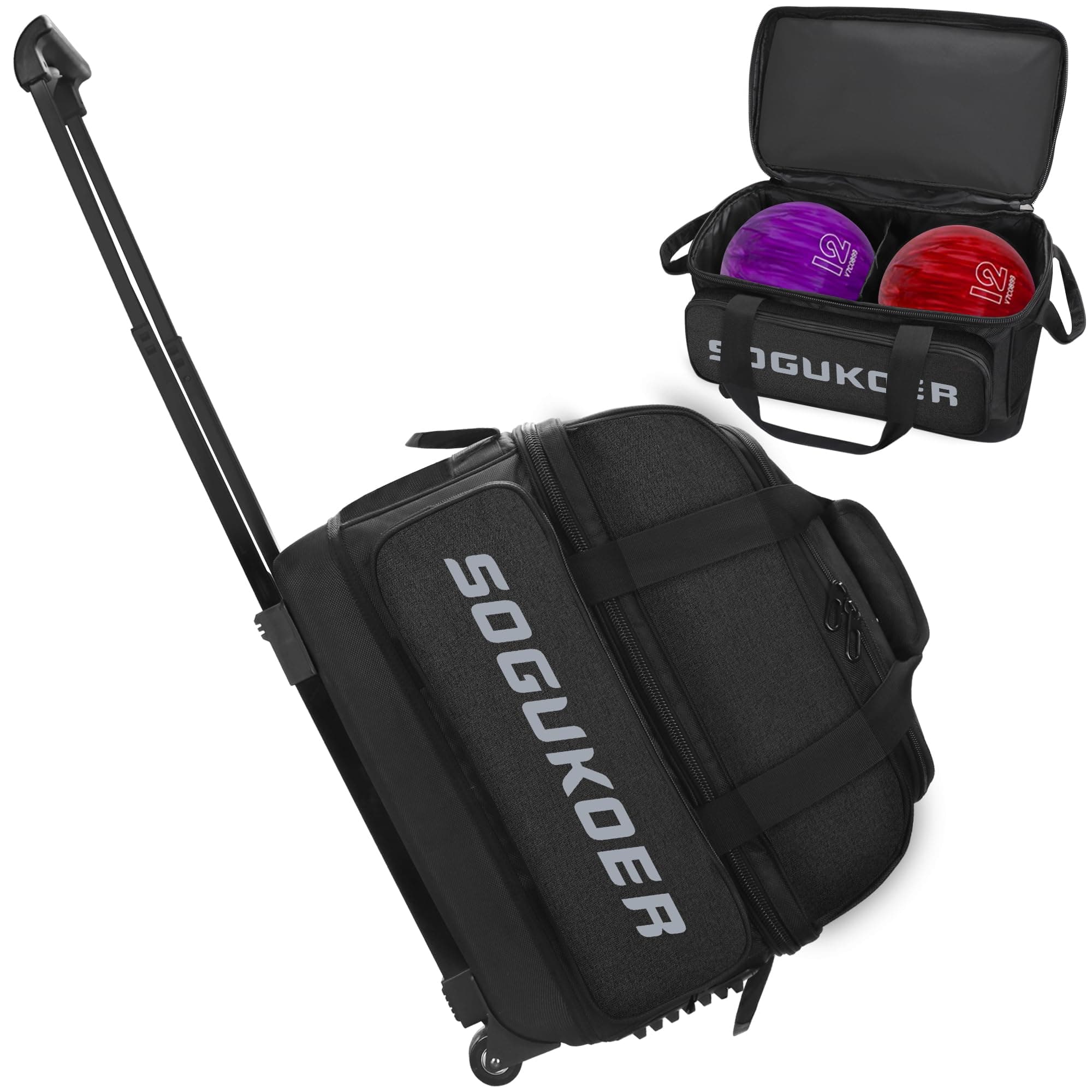 Trolley Bowling Bag with Wheels, Double Roller, 2 Ball, Separate Shoe Compartment, Black, 16.9" x 9.4" x 13.8"