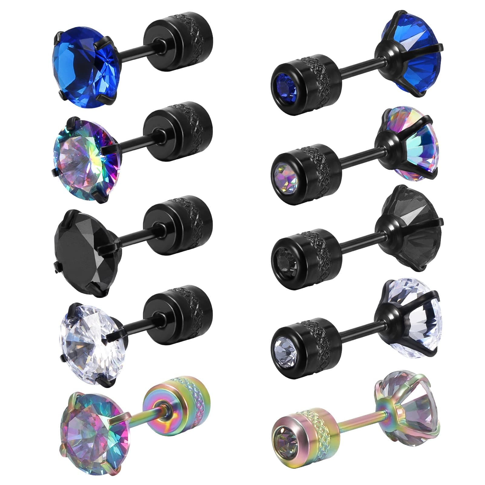 5 Pairs Titanium Earrings Women Men Stud Screw Back Surgical Stainless Steel Sleeper Rainbow 5A Cubic Zirconia Studs Double Side Earrings, Black,Gold,Rainbow,Silver